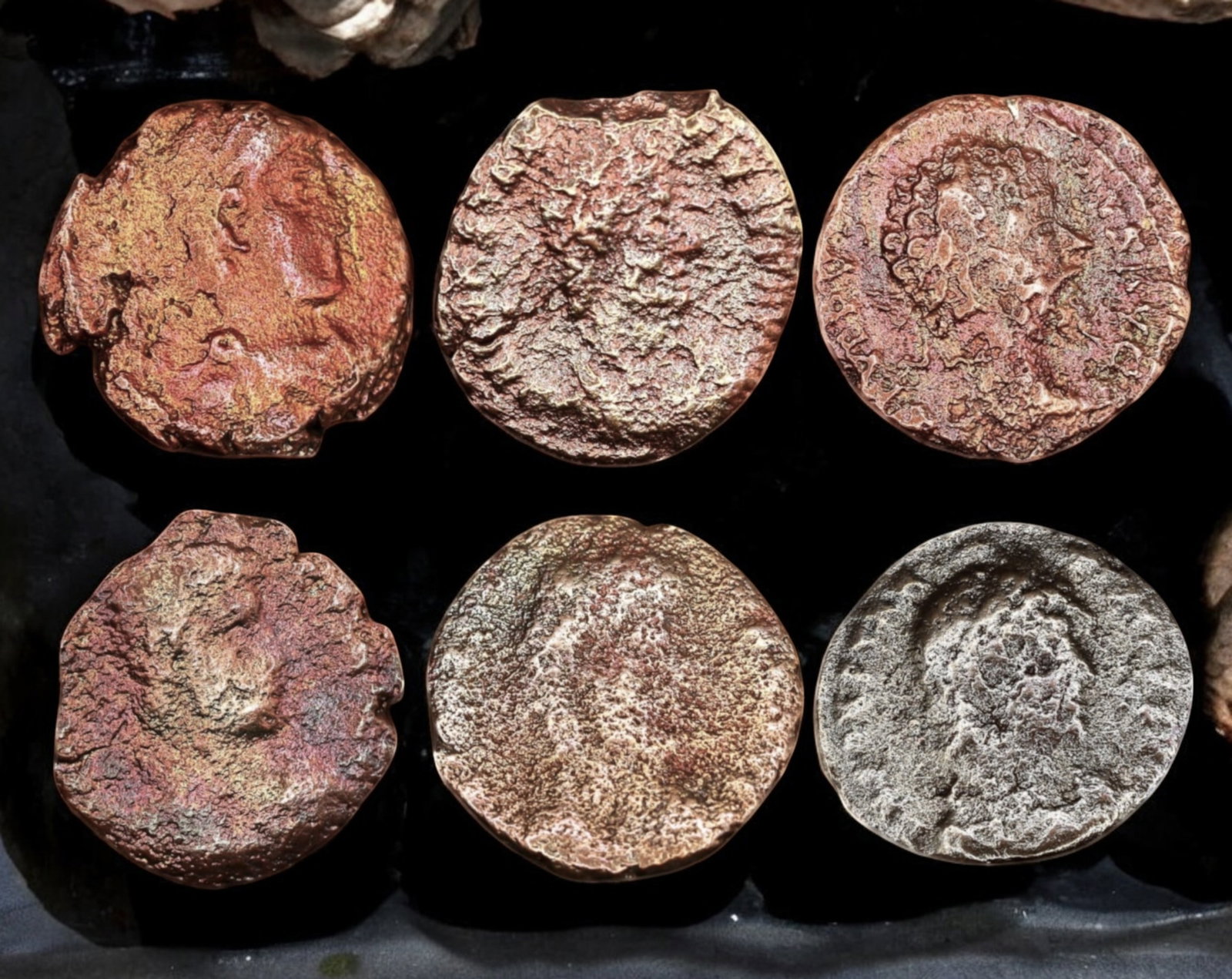 ROMAN EMPIRE: Lot of 6 AE Coins - Late Imperial Bust Types, 16-18mm: A compelling lot of six Roman bronze coins, each displaying imperial busts and worn inscriptions, characteristic of the late 3rd to 4th centuries AD. Several pieces retain traces of radiate or laureat