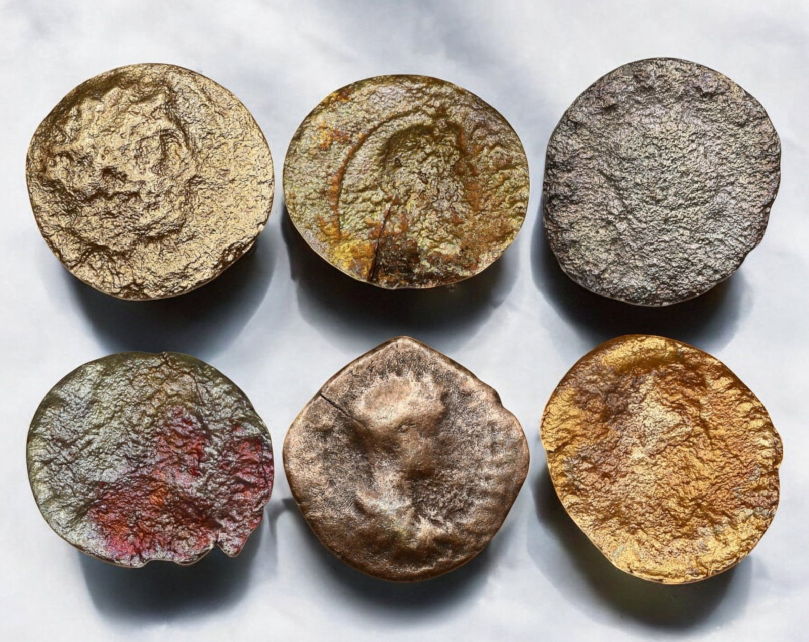 ROMAN EMPIRE: Lot of 6 AE Coins - Late Imperial Bust & Civic Types, 15-19mm: A varied lot of six Roman bronze coins, featuring imperial busts, faint inscriptions, and worn civic symbols, indicative of the late 3rd to 4th century AD. Some coins exhibit traces of radiate or laur