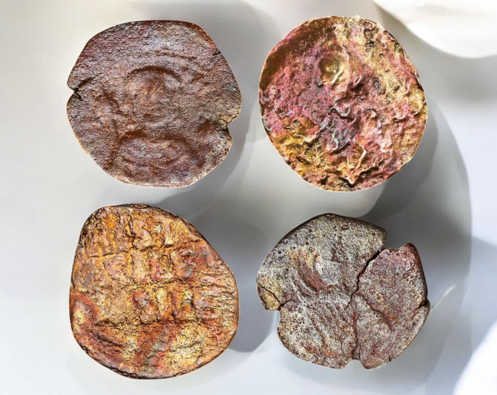 BYZANTINE EMPIRE: Lot of 4 AE Follis Coin - Christ & Imperial Issues, 21-26mm: A fascinating lot of four Byzantine bronze folles, each bearing distinct characteristics of the empire's turbulent monetary system. These coins exhibit varying degrees of wear and patina, with some fe