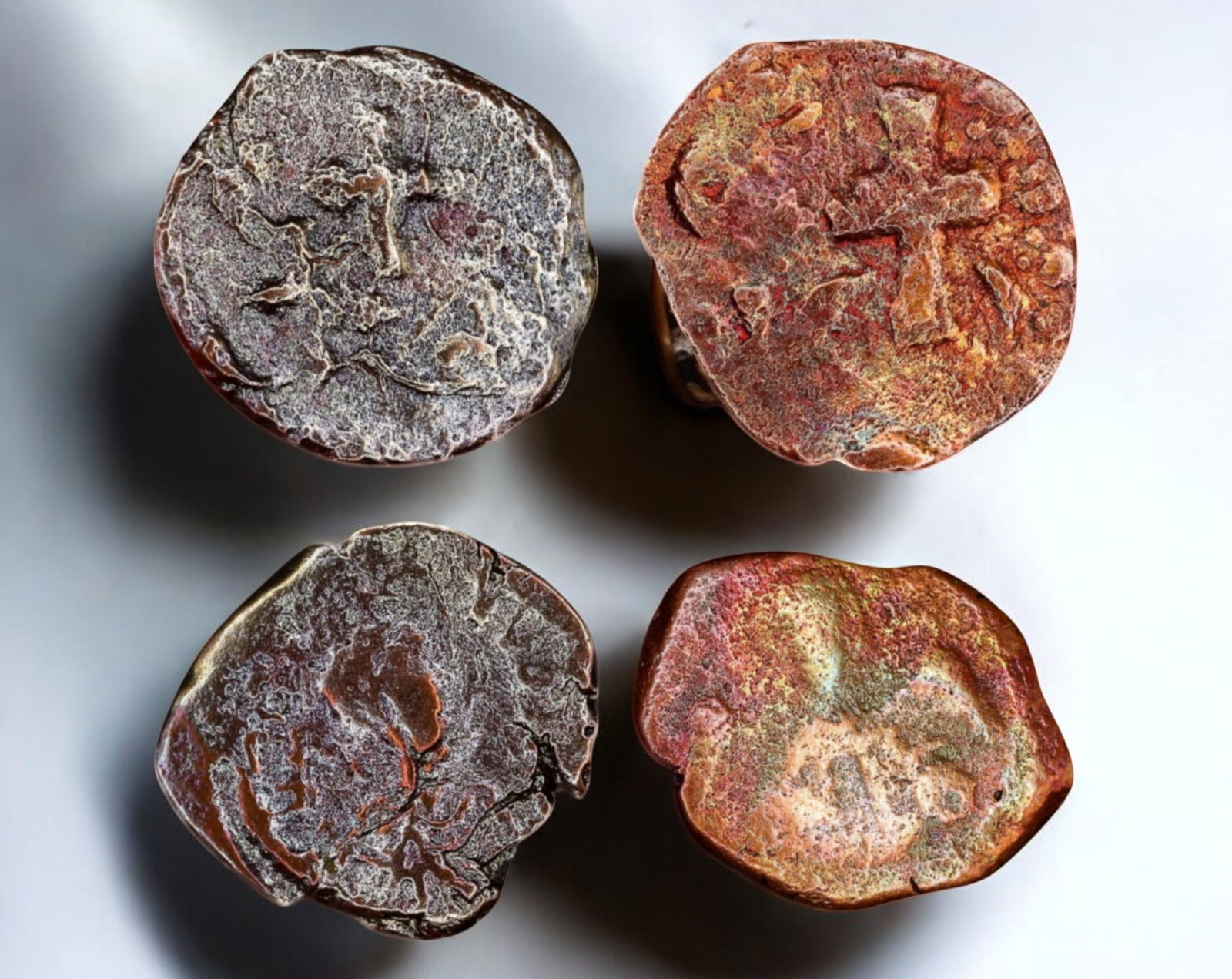 BYZANTINE EMPIRE: Lot of 4 AE Follis Coin - Imperial & Cross Types, 19-24mm: A diverse lot of four Byzantine bronze folles, each showcasing distinct yet worn designs characteristic of medieval Byzantine currency. Among the visible details are a large cross type, an enduring sy