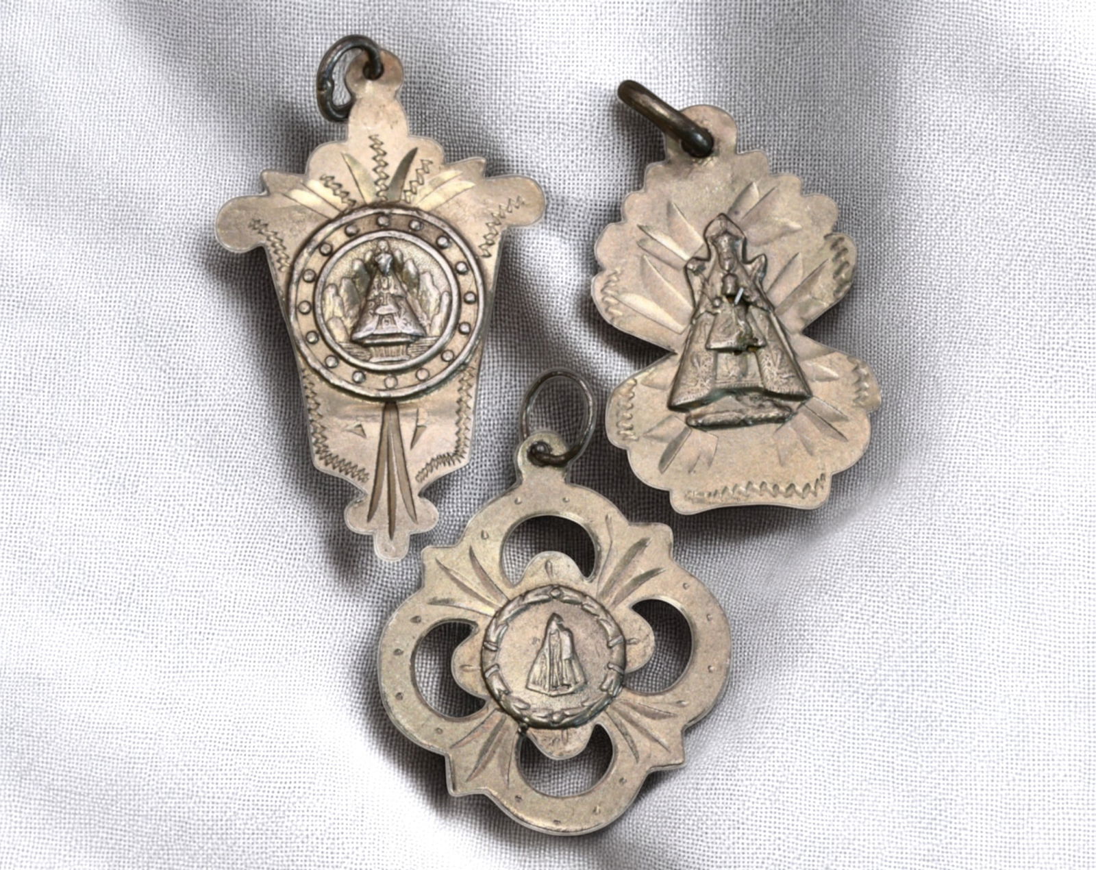 SPAIN: Our Lady of Montserrat & Puigcerver - Silver-Plated Devotional Medals, 19th-20th Century (1 of 3)