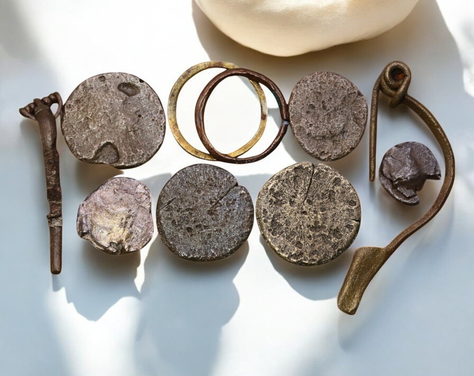 ANCIENT EUROPE: Mixed Bronze & Iron Currency and Artifacts - 1st Millennium BC to AD: A fascinating assemblage of 10 ancient bronze and iron currency pieces and artifacts, spanning from the 1st millennium BC to the early medieval period. The lot includes large and irregularly shaped pr