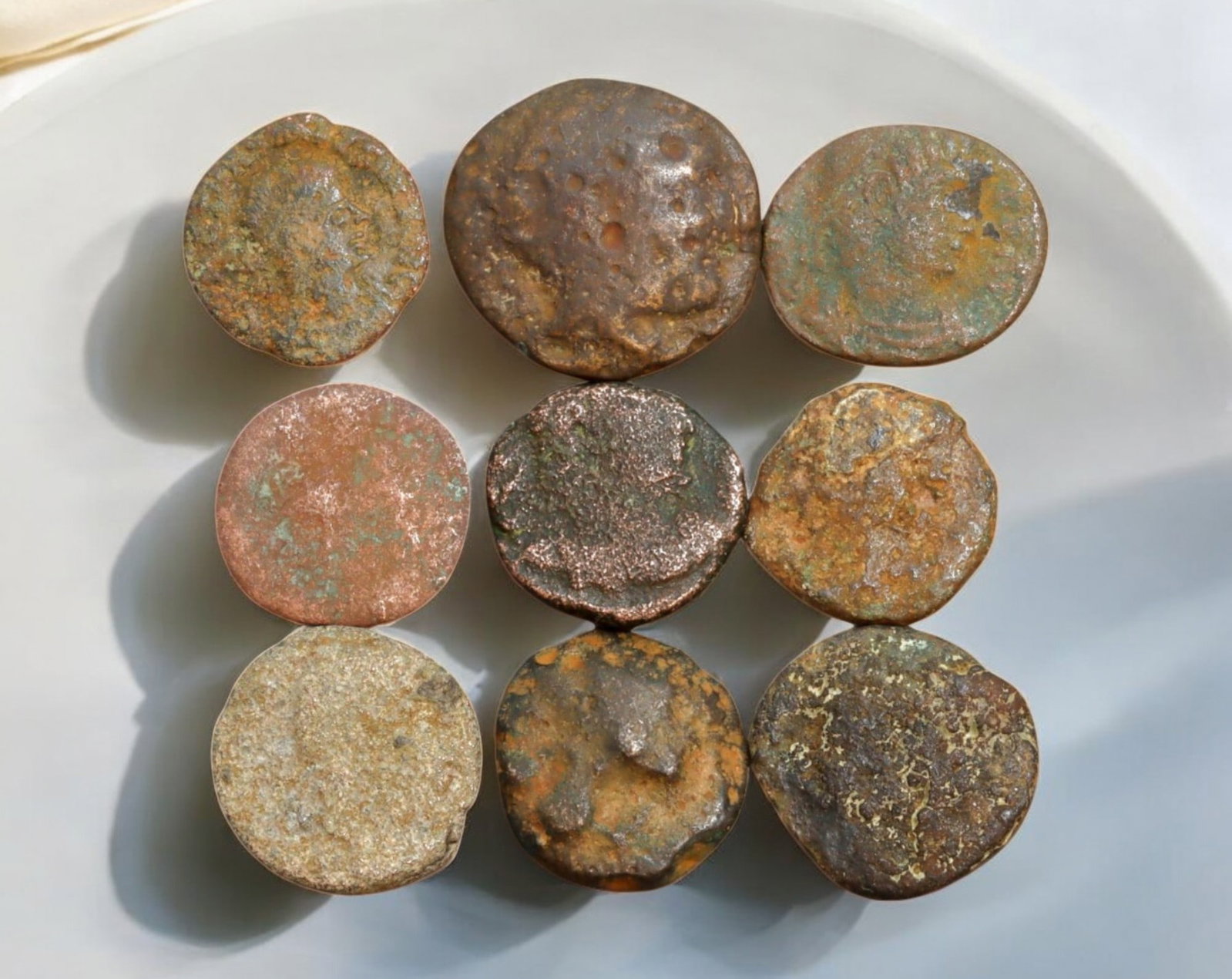 ROMAN EMPIRE: AE Coins - Bronze Coins, 12-17mm, 17.4g (Lot of 9): A collection of ancient Roman bronze coins, each featuring a distinct imperial portrait on the obverse and various symbolic or military-themed reverses. These coins, essential to Roman commerce and go