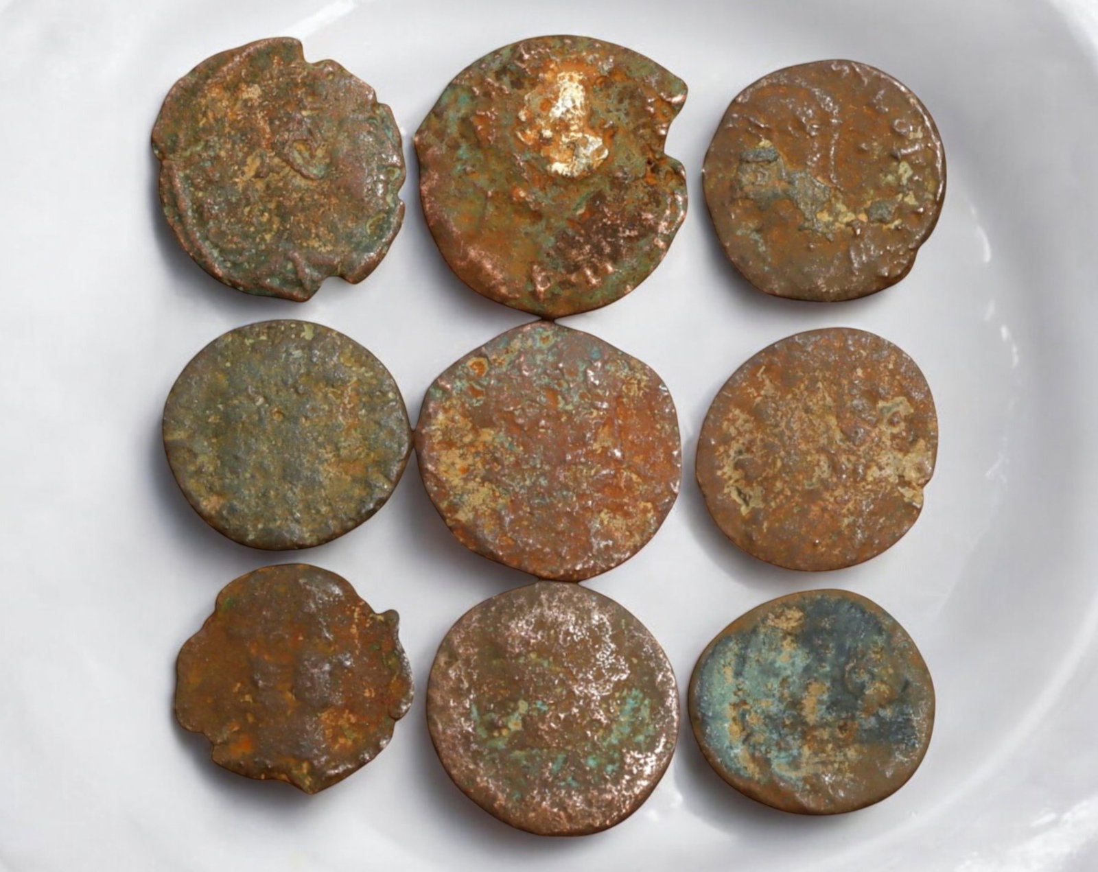 ROMAN EMPIRE: AE Coins - Bronze Coins, 13-15mm, 9.8g (Lot of 9): A collection of ancient Roman bronze coins, each featuring a distinct imperial portrait on the obverse and various symbolic or military-themed reverses. These coins, essential to Roman commerce and go
