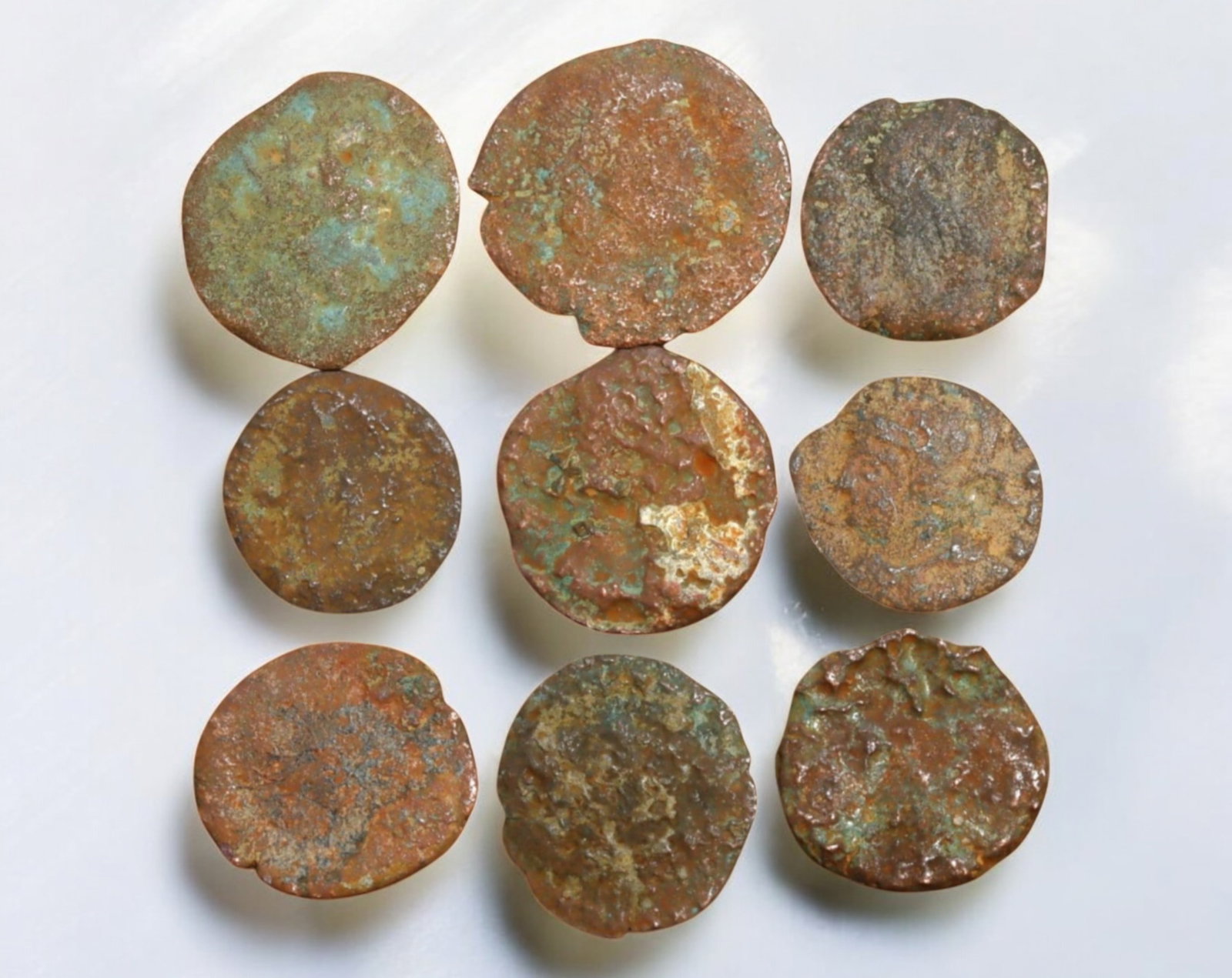 ROMAN EMPIRE: AE Coins - Bronze Coins, 13-17mm, 10.8 (Lot of 9): A collection of ancient Roman bronze coins, each featuring a distinct imperial portrait on the obverse and various symbolic or military-themed reverses. These coins, essential to Roman commerce and go