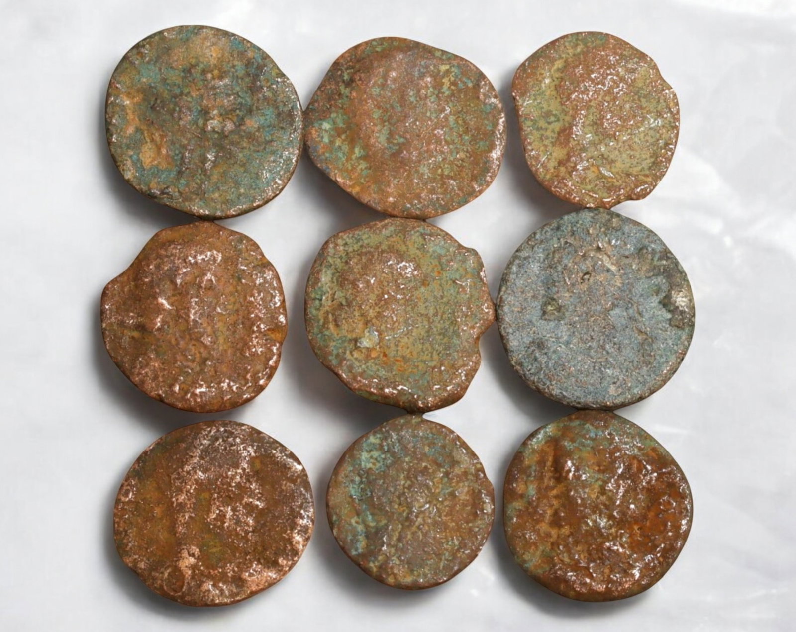 ROMAN EMPIRE: AE Coins - Bronze Coins, 12-15mm, 11g (Lot of 9): A collection of ancient Roman bronze coins, each featuring a distinct imperial portrait on the obverse and various symbolic or military-themed reverses. These coins, essential to Roman commerce and go