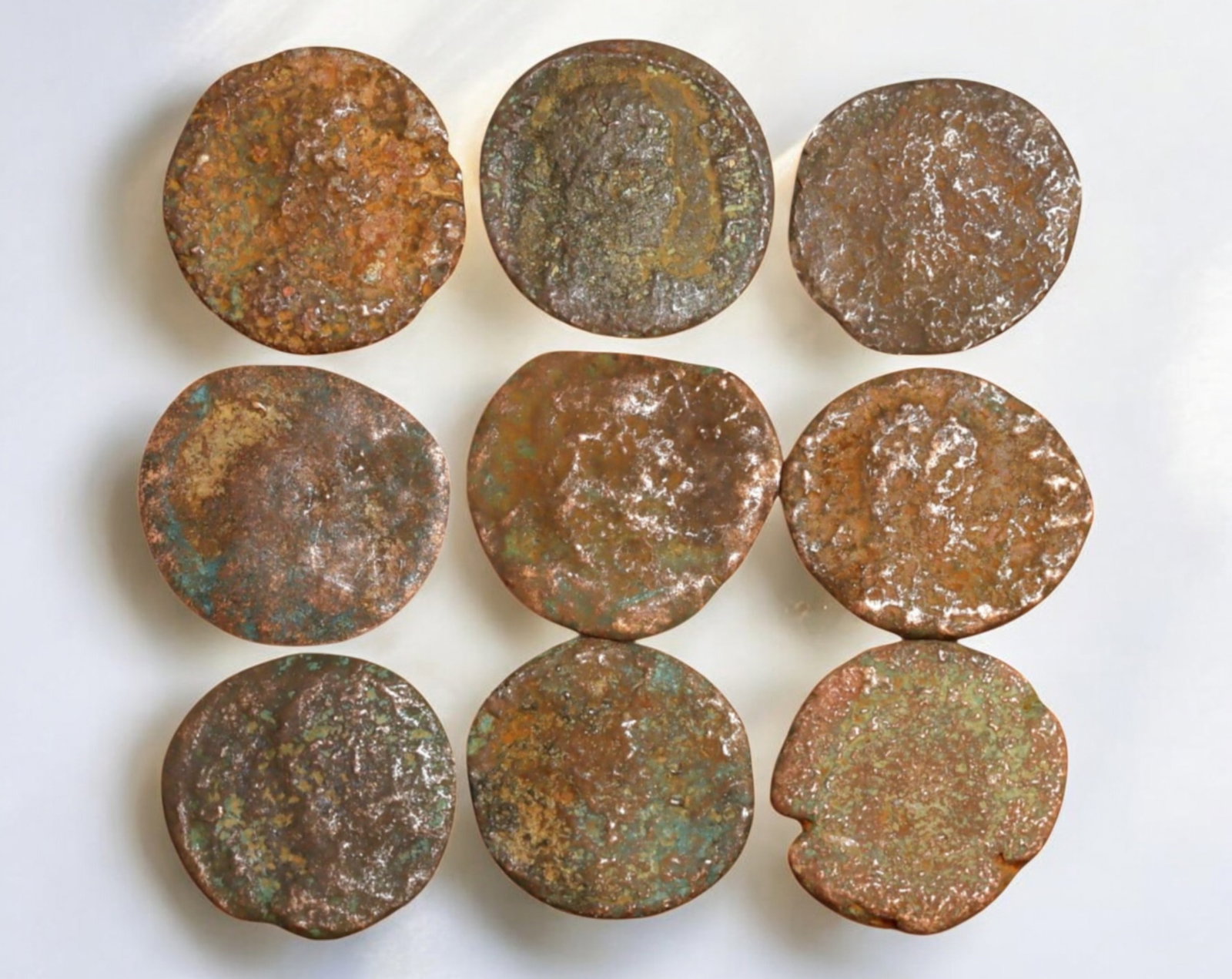 ROMAN EMPIRE: AE Coins - Bronze Coins, 14-16mm, 12.5g (Lot of 9): A collection of ancient Roman bronze coins, each featuring a distinct imperial portrait on the obverse and various symbolic or military-themed reverses. These coins, essential to Roman commerce and go