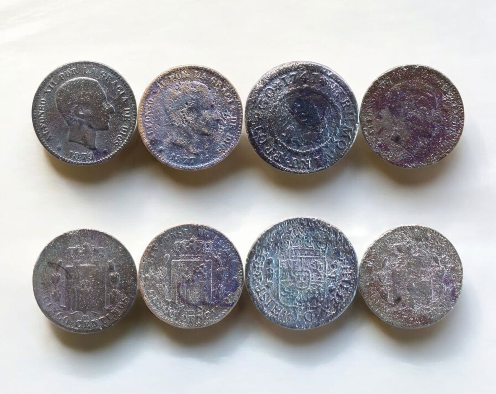 SPAIN: Alfonso XII - Bronze 5 Centimos Coin, 1877-1879 (3 Coins) & Philip V - Copper Maraved?, 1741 (1 of 3)