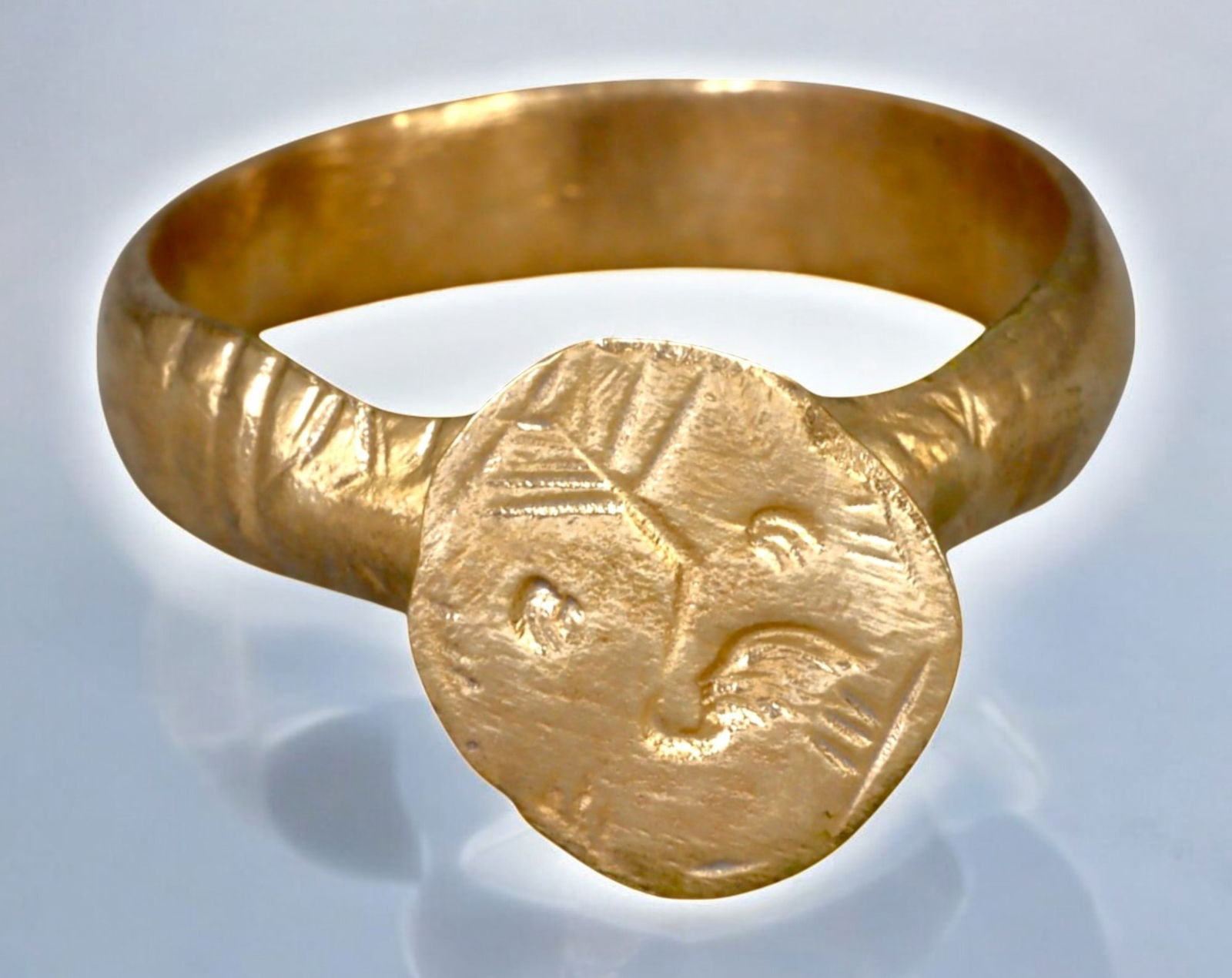 MEDIEVAL EUROPEAN: Bronze Engraved Signet Ring - Byzantine/Crusader Influence, 11th-14th Century: An intricately engraved medieval bronze signet ring, professionally refurbished to maintain its historical integrity while ensuring modern wearability. This elegant piece, sized at 8 US and weighing 4