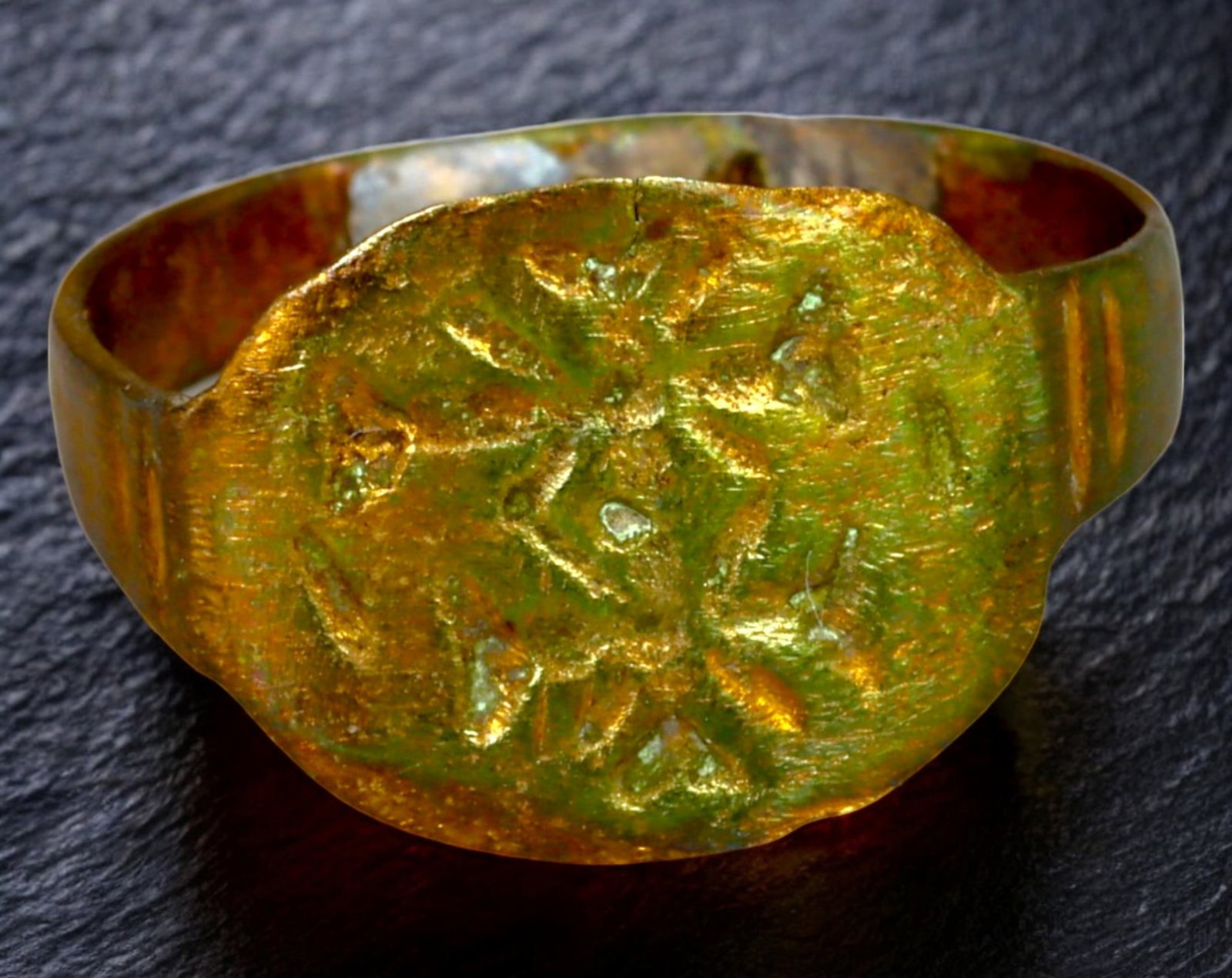 MEDIEVAL EUROPEAN: Bronze Engraved Signet Ring - Byzantine/Nomadic Influence, 10th-13th Century: A delicate yet historically significant medieval bronze signet ring, professionally refurbished while maintaining its ancient charm. This lightweight piece, sized at 8 US and weighing 1.7g, features a