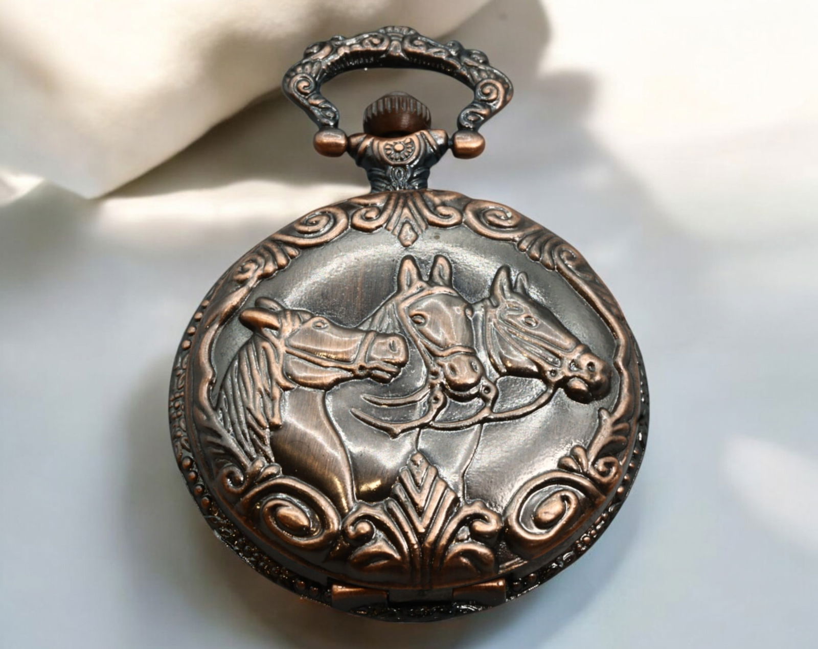 VINTAGE: Equestrian-Themed Bronze Pocket Watch - Ornate Relief & Floral Engraving, 20th Century (1 of 3)