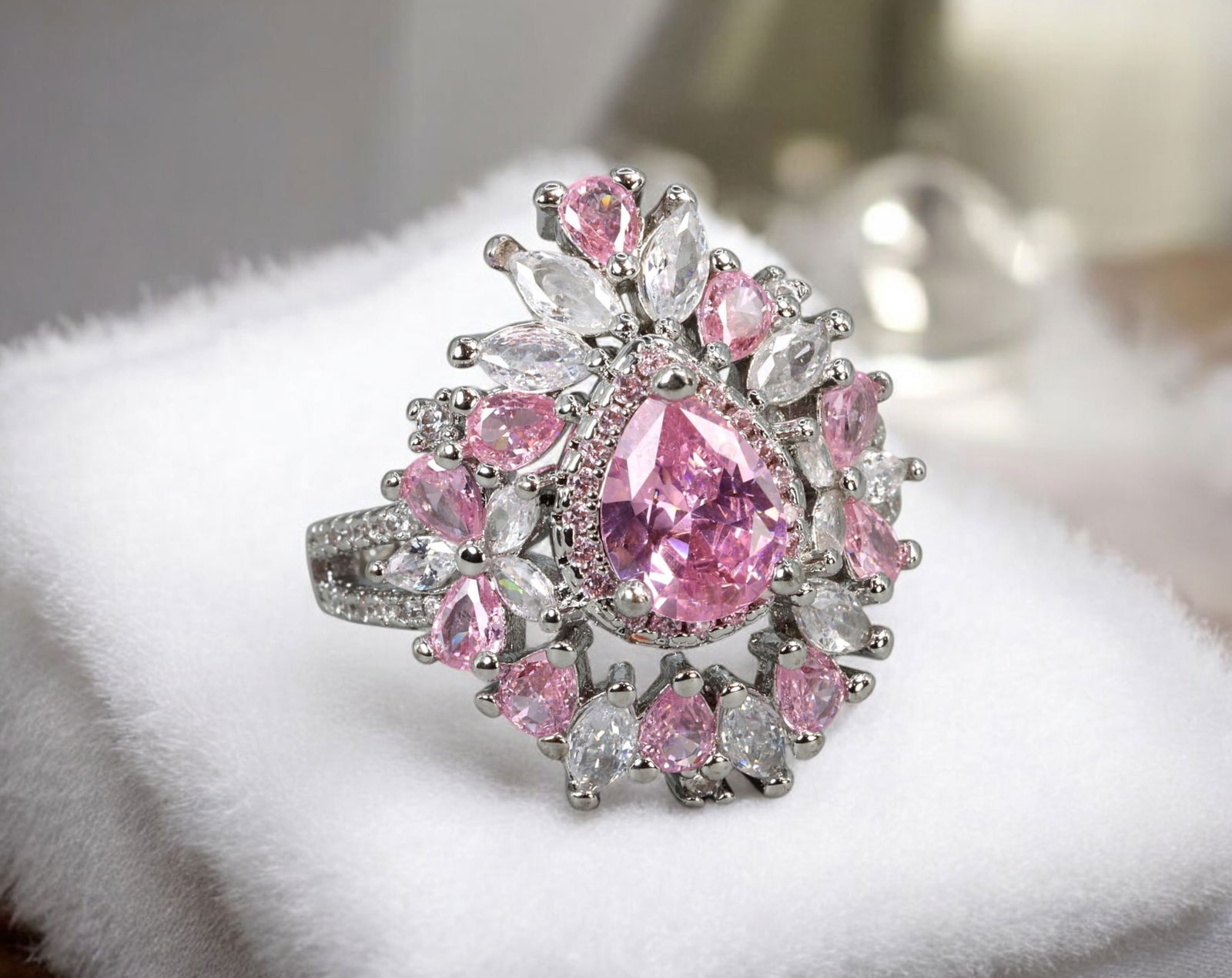LUXURY SILVER RING: Pear-Cut Pink Gemstone & Halo Floral Design - Size 9, 7.7g (1 of 5)