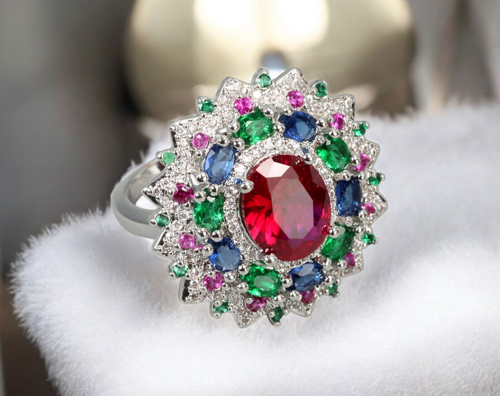 LUXURY STERLING SILVER RING: Multicolored Gemstone Floral Halo Design - Size 9.25, 8.4g (1 of 4)