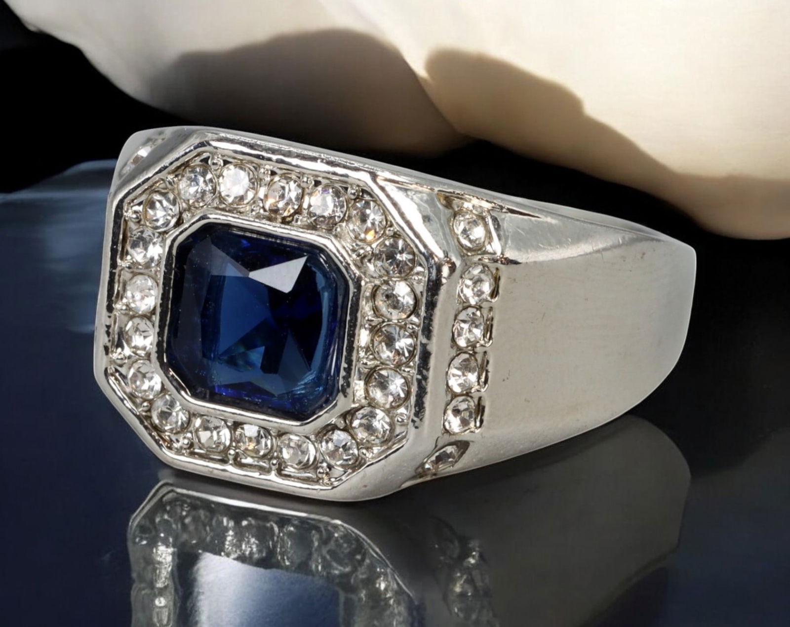 MEN'S SILVER RING: Octagonal Blue Gemstone with Clear Accents - Size 13, 9.8g (1 of 4)