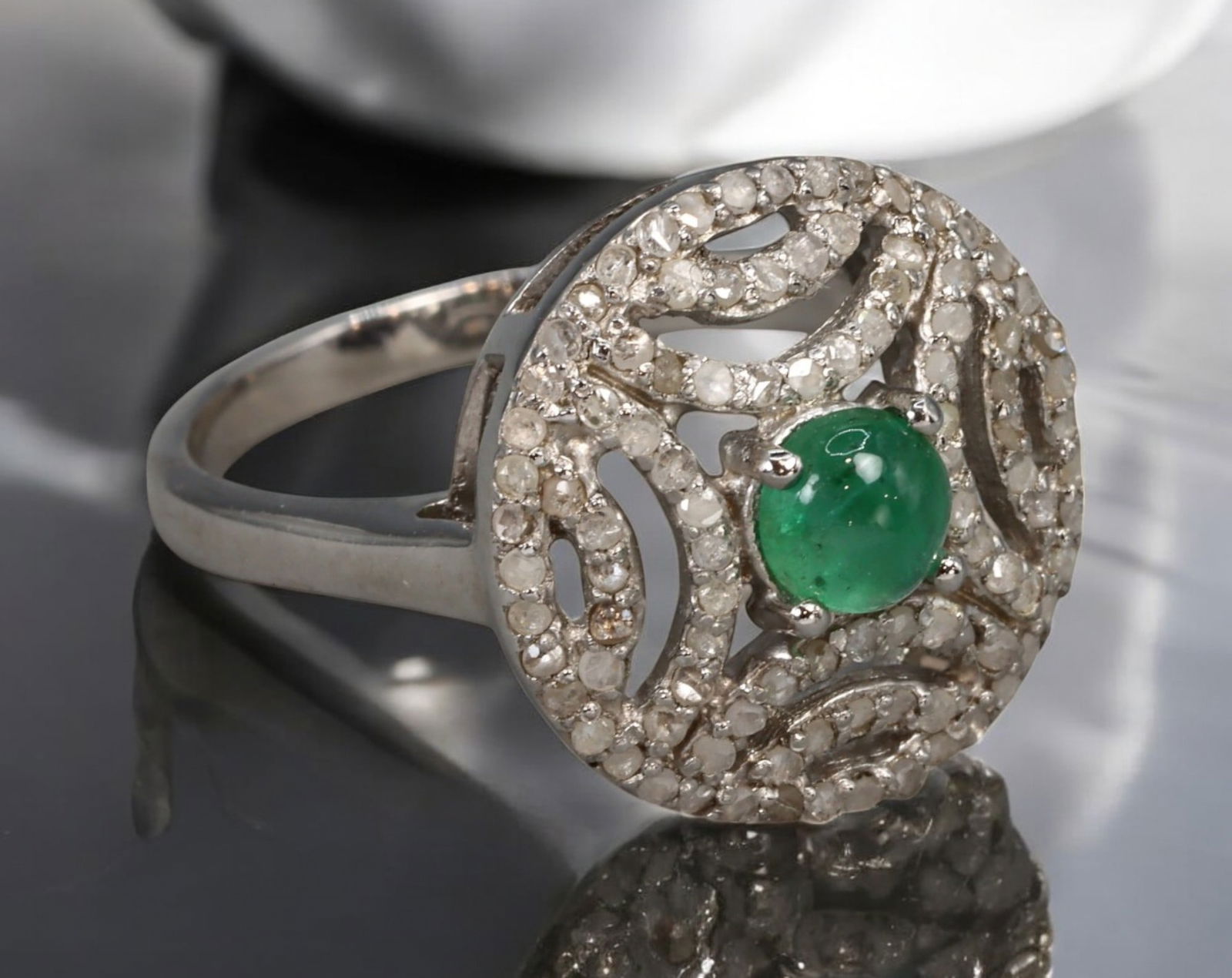 Sterling Silver Emerald & Diamond Statement Ring - Size 7.25, 3.8g (1 of 4)