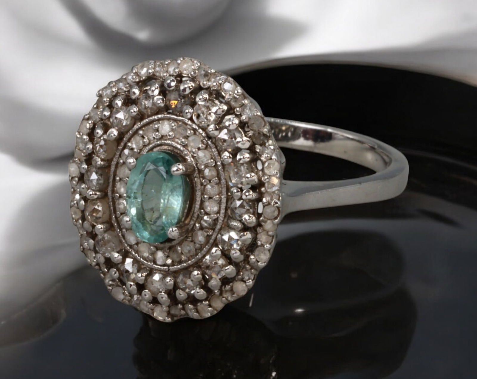 Sterling Silver Emerald & Diamond Halo Ring - Size 7, 3.9g (1 of 5)