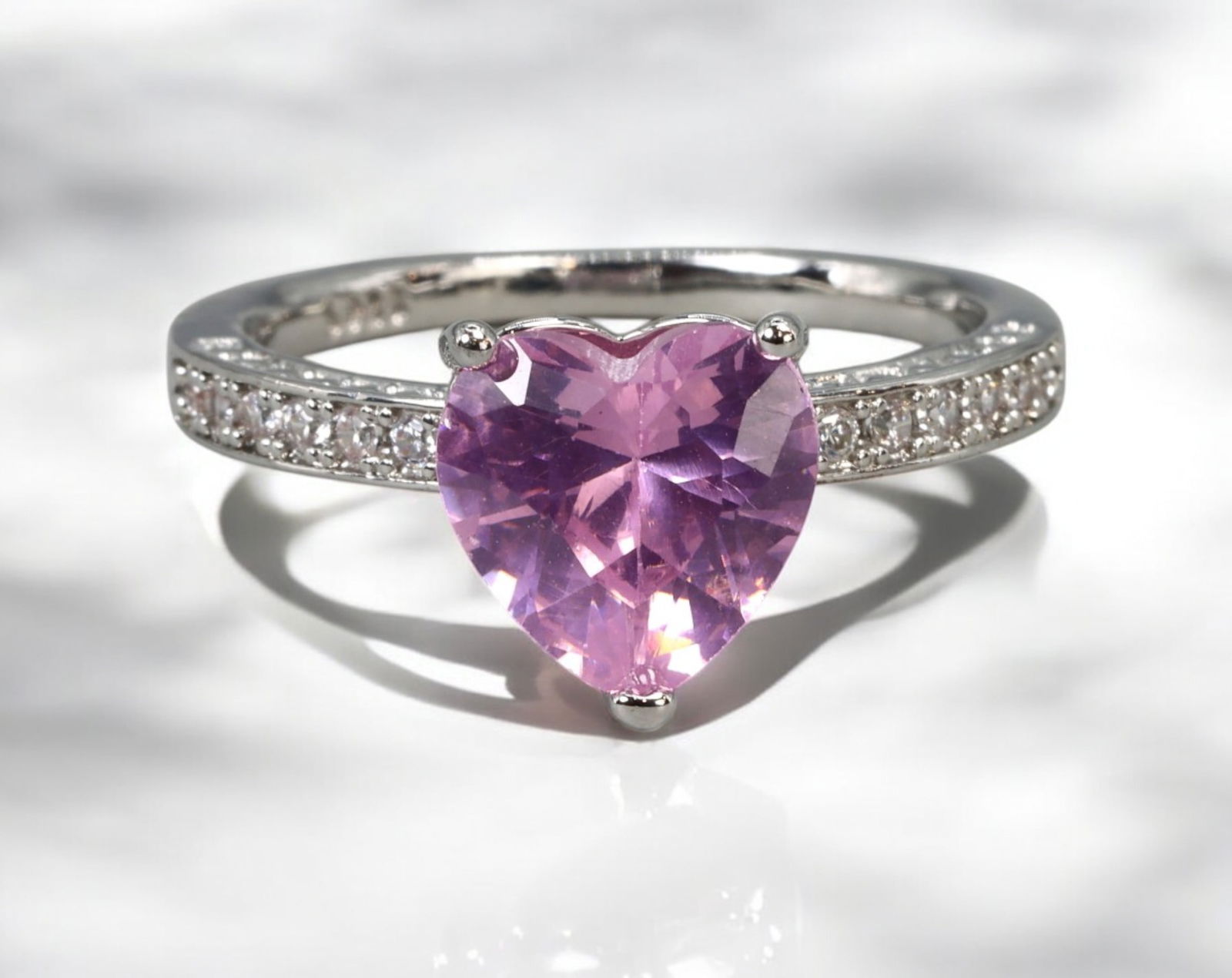 STERLING SILVER: Heart-Cut Pink Gemstone Ring - Stamped S925, Size 10, 4g (1 of 5)