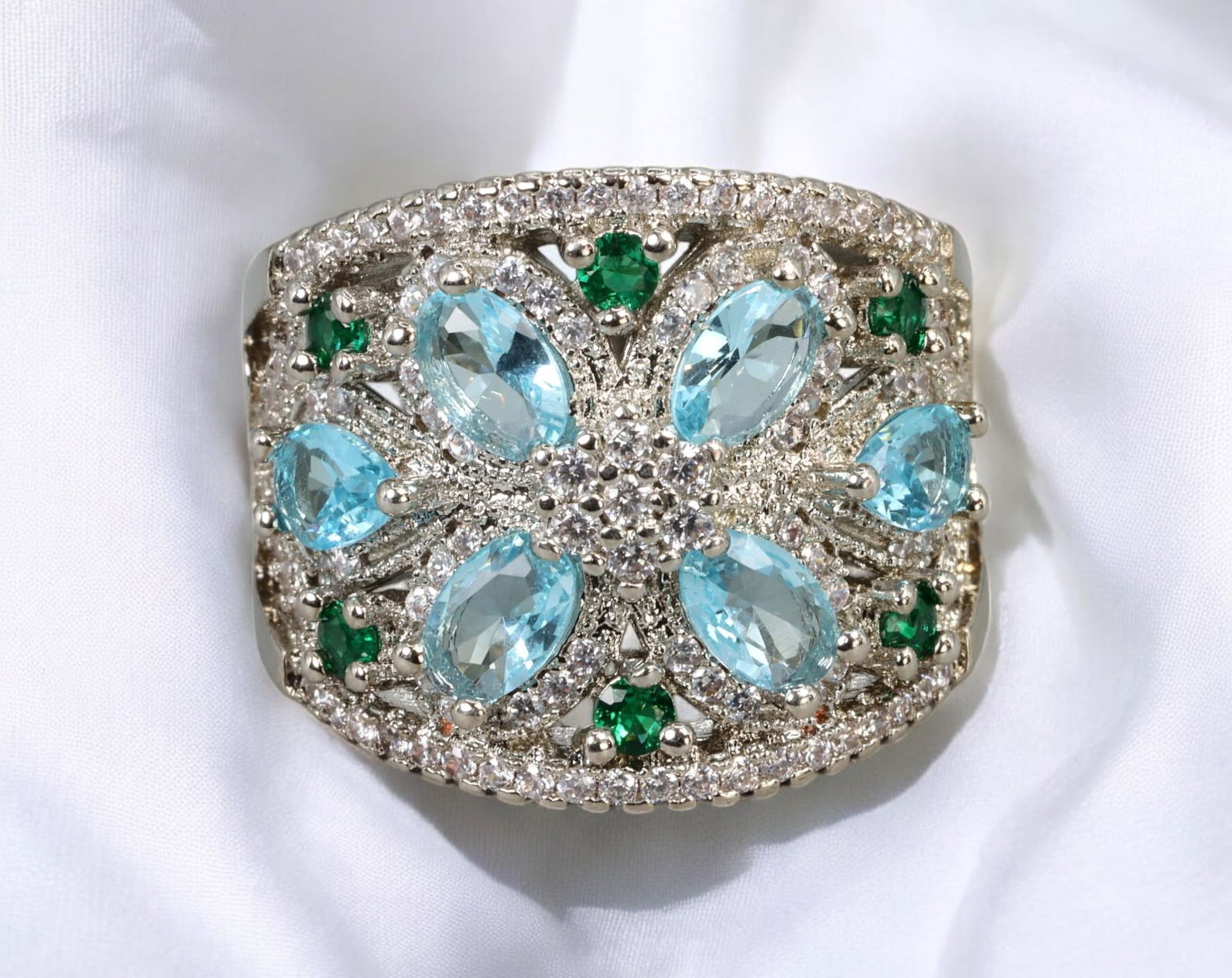STERLING SILVER: Wide-Band Ring - Blue Topaz & Chrome Diopside, Size 9, 9.7g, Stamped S925 (1 of 4)