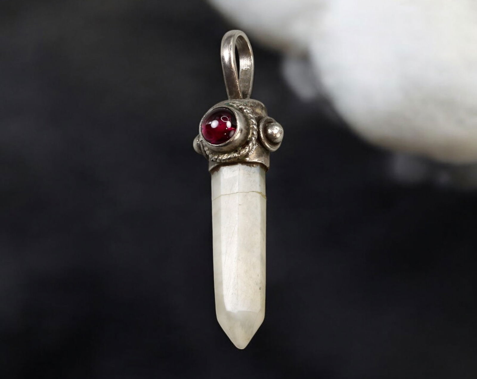 ETHNIC STYLE: Sterling Silver & Moonstone Pendant - Garnet Accent, 4cm (1 of 2)