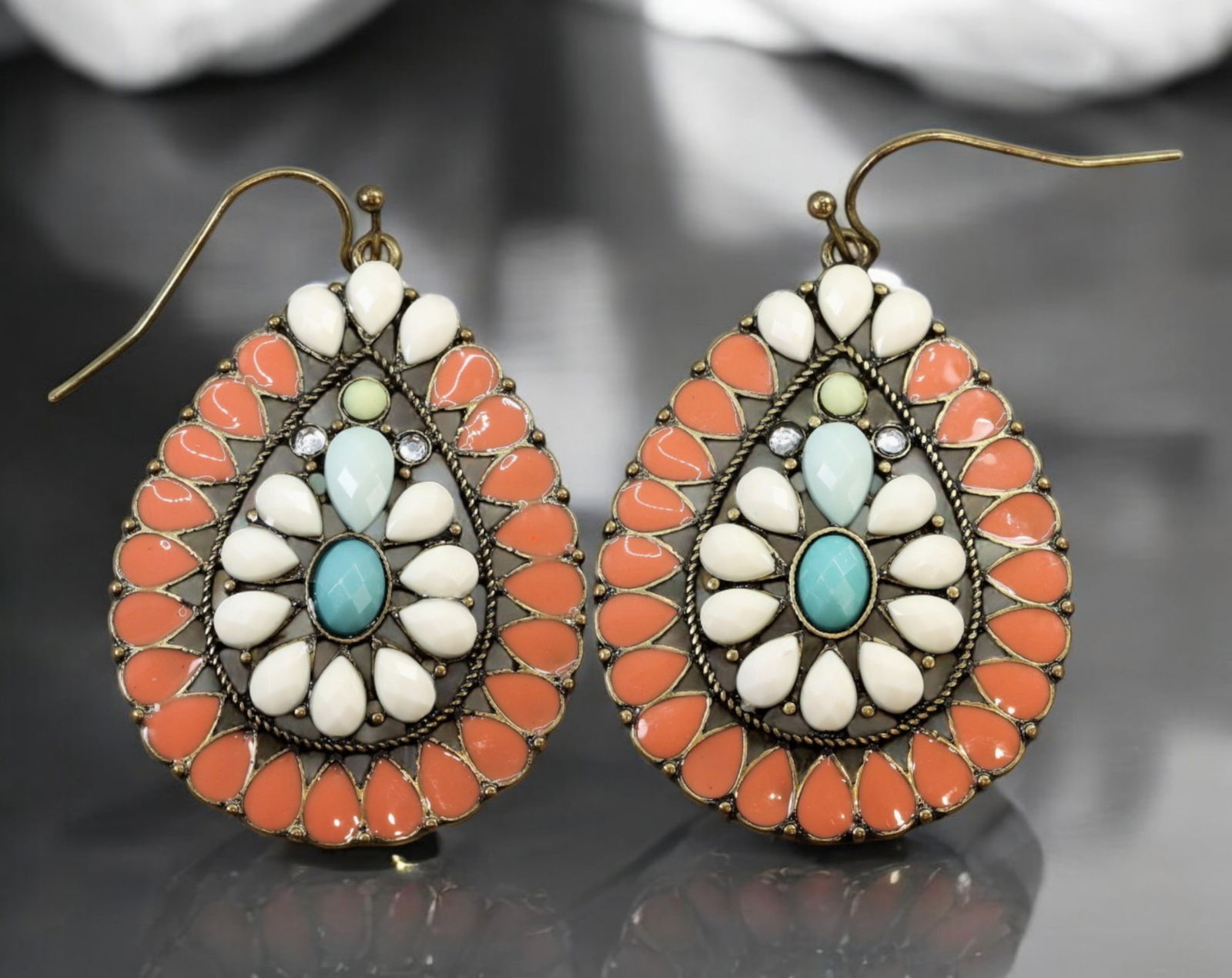 VINTAGE-STYLE TEARDROP EARRINGS - Gold-Tone Metal with Coral, White & Turquoise Accents, 4cm, 14g (1 of 2)
