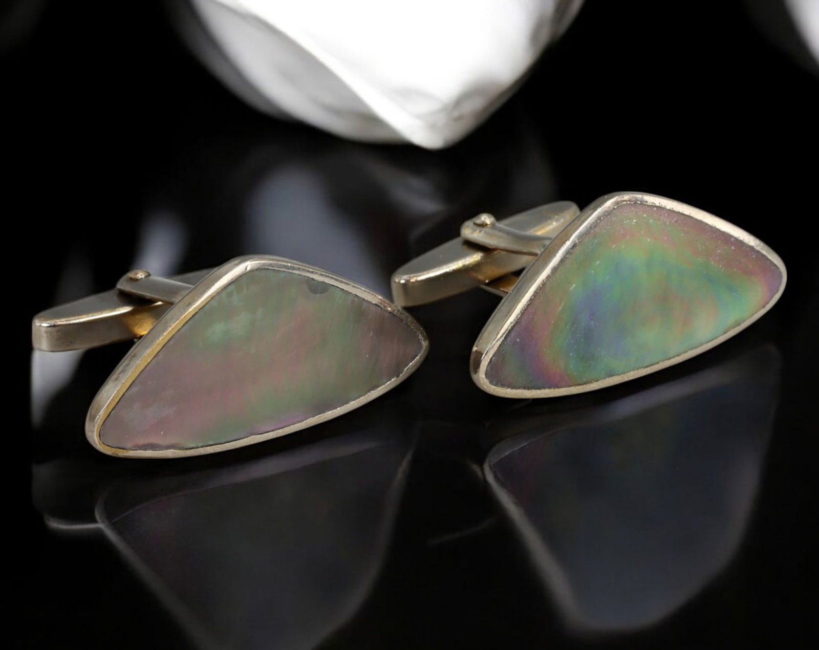 VINTAGE: Sterling Silver & Abalone Shell Cufflinks - Triangular Design, Mid-20th Century (1 of 2)