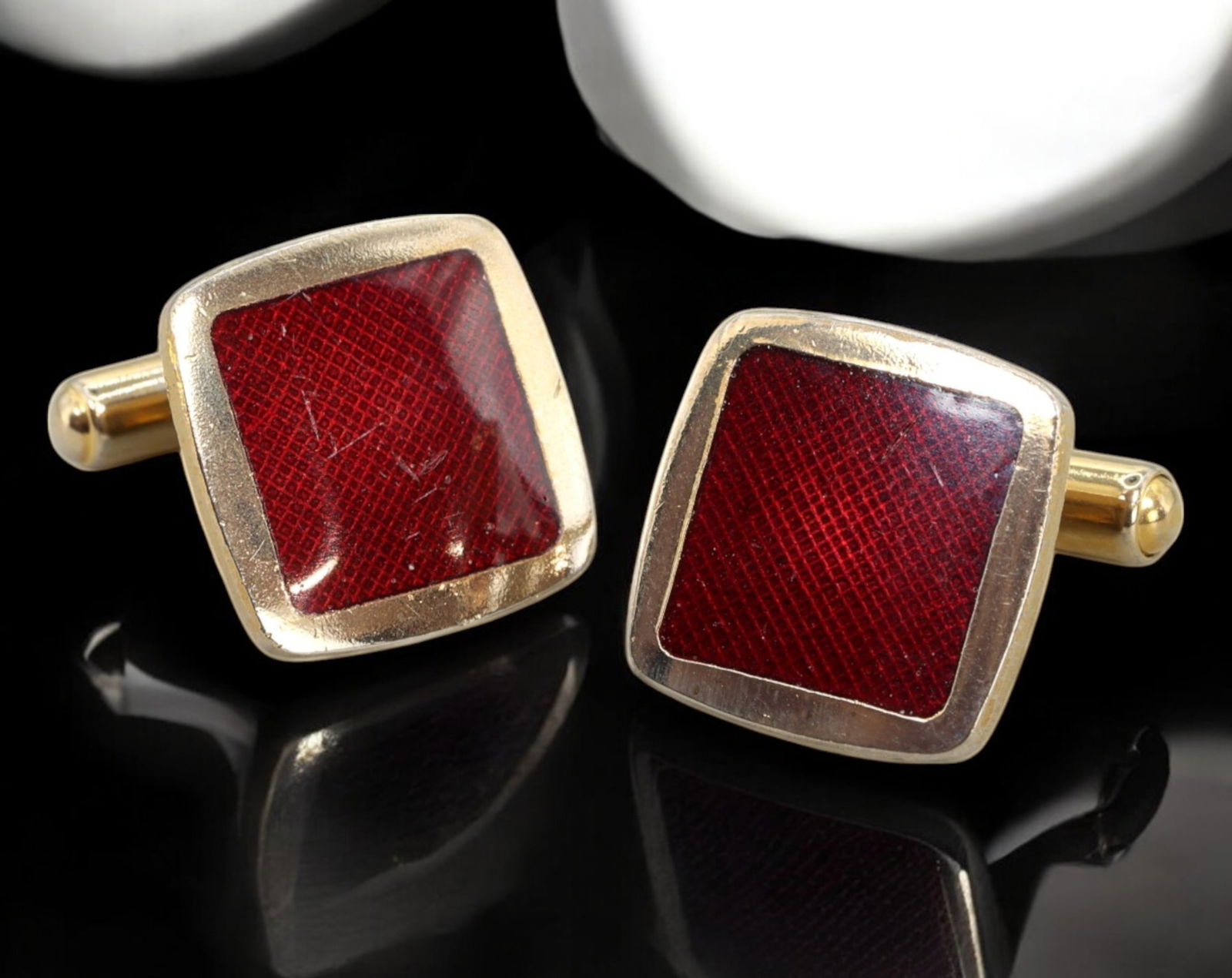 VINTAGE: Gold-Tone Cufflinks - Red Guilloche Enamel, Mid-20th Century (1 of 2)