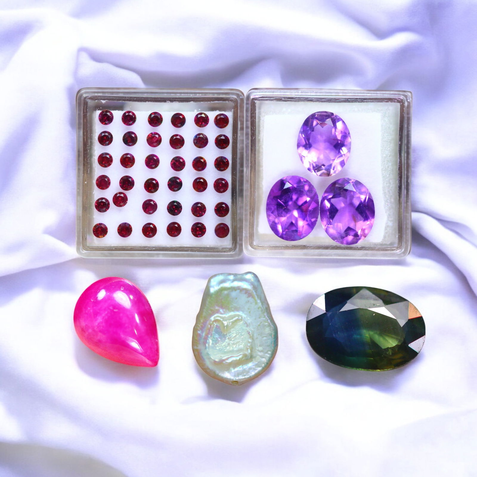 Sapphire, Keshi Pearl, Pinky Ruby, Garnet & Amethyst (1 of 1)