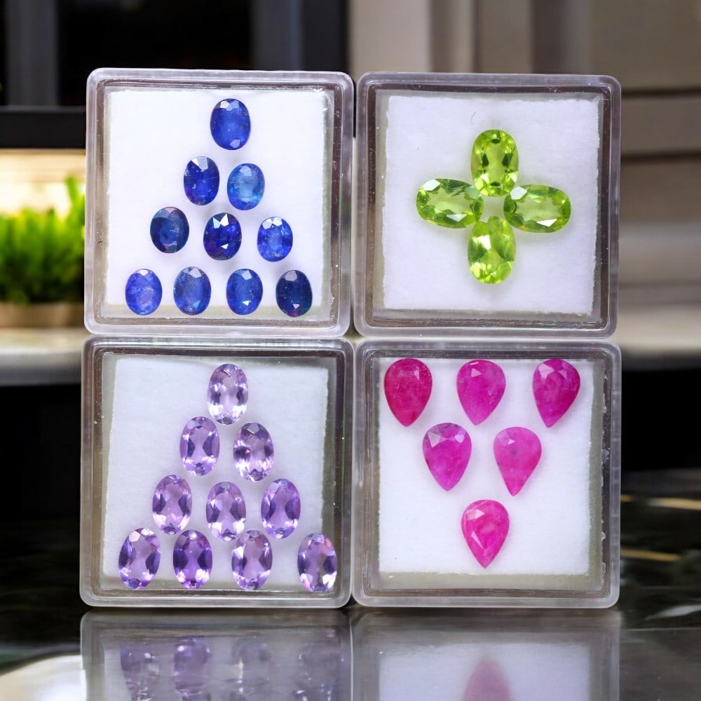 Blue Sapphire, Peridot, Ruby & Amethyst: An elegant selection of premium gemstones, each carefully chosen for its brilliance, saturation, and rarity. The Blue Sapphire set (10pcs, 4.23ct total, 5.2x4.3x2.2mm) showcases deep royal blue hues, 