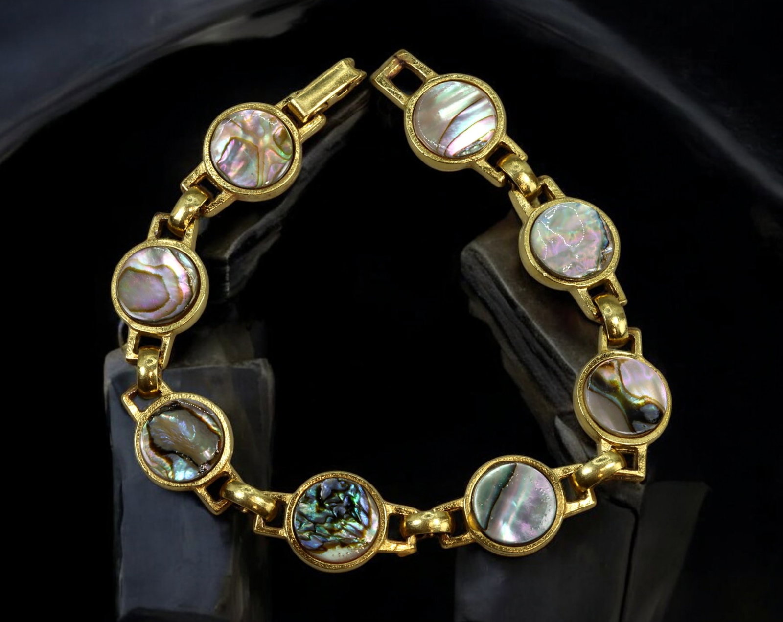 VINTAGE: Gold-Tone Abalone Shell Inlay Bracelet - 19.5cm, 24g (1 of 3)