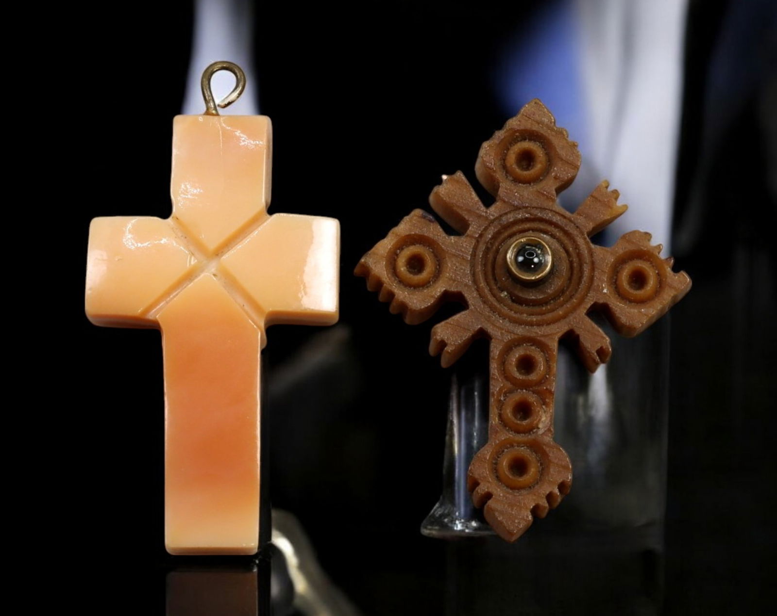 EUROPE: Antique Cross Pendants - Shell & Carved Wood, 19th Century (2 pcs) (1 of 2)