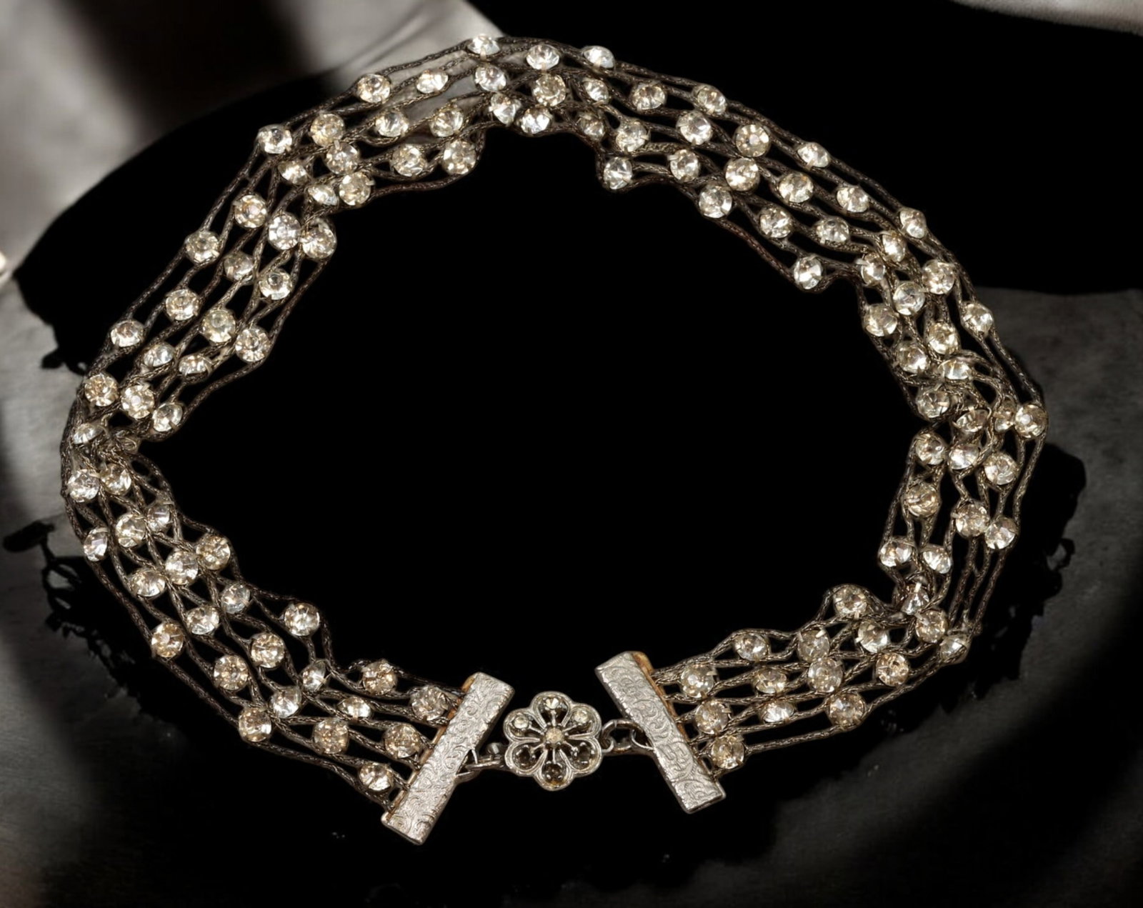 FRANCE: Belle Epoque Diamond Choker Necklace - Silver & Paste, Floral Clasp, ca. 1900 (1 of 2)