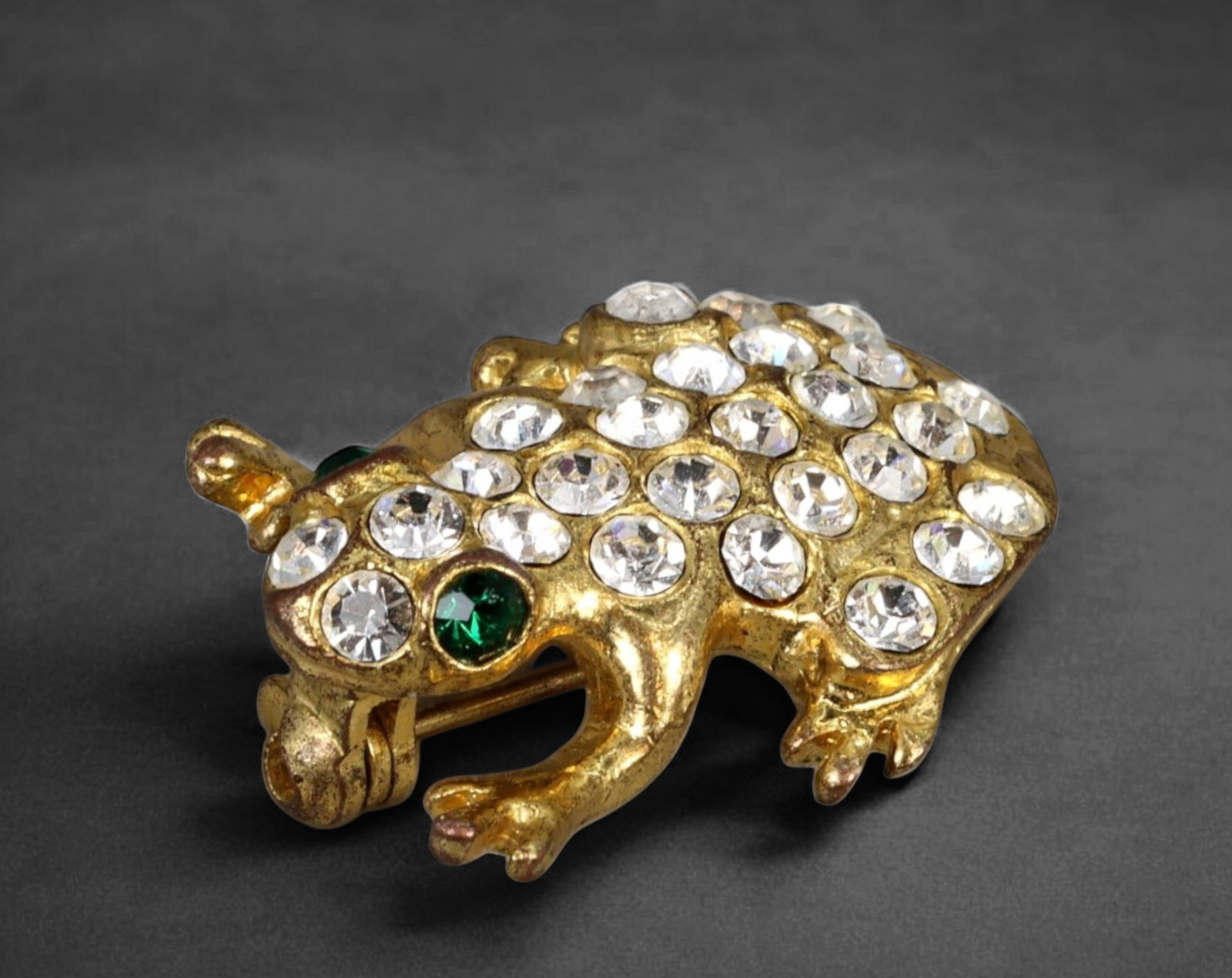 EUROPE: Frog Brooch - Gold-Tone Metal, Crystal & Green Gem Eyes, Mid-20th Century (1 of 3)