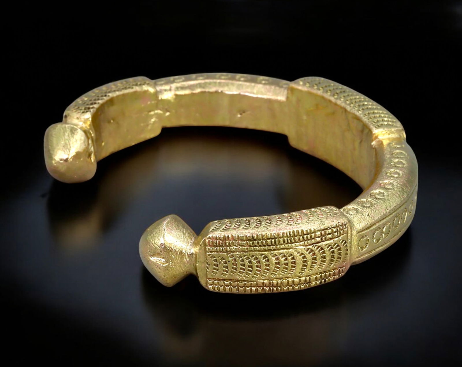 AFRICAN TRADE: Gilt Manilla Currency Bracelet with Geometric Patterning, West Africa, 7.3 x 1.3 cm (1 of 3)