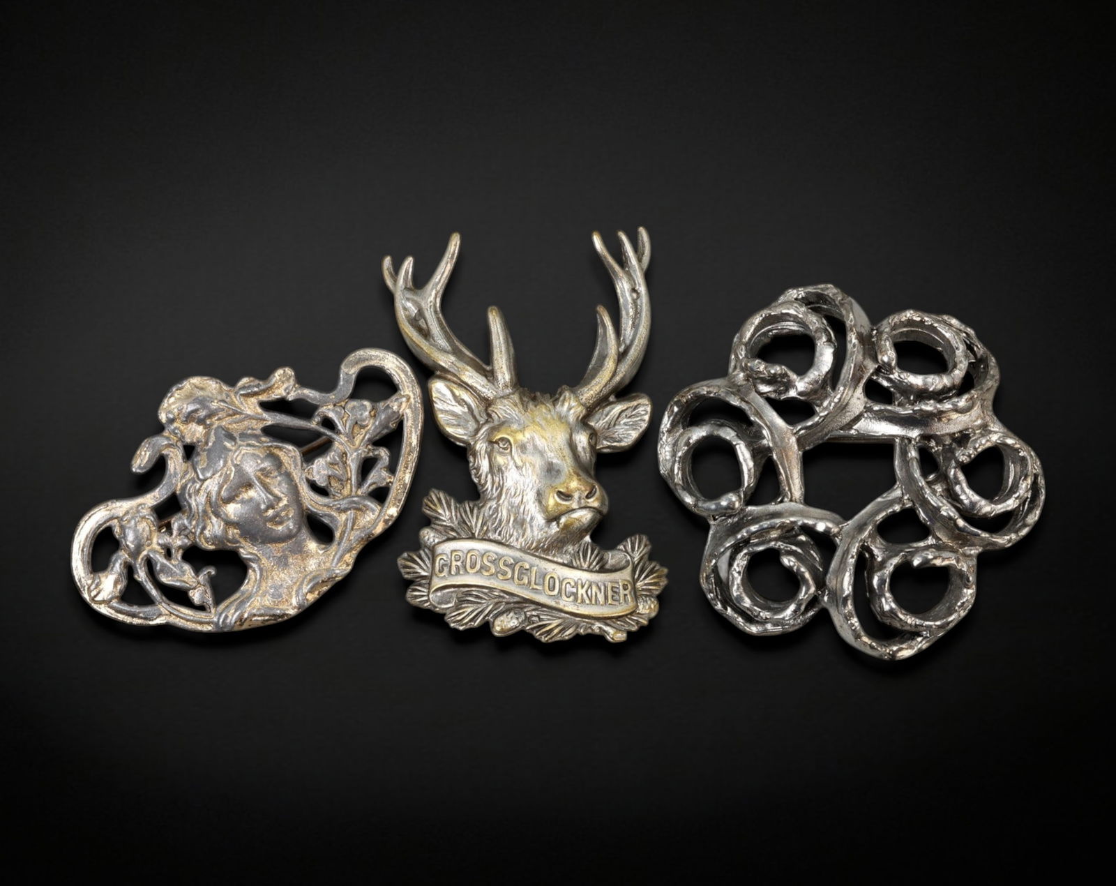 VINTAGE: Set of Three Metal Brooches - Stag & Filigree Motifs, 28g, 4.5-5cm (1 of 2)