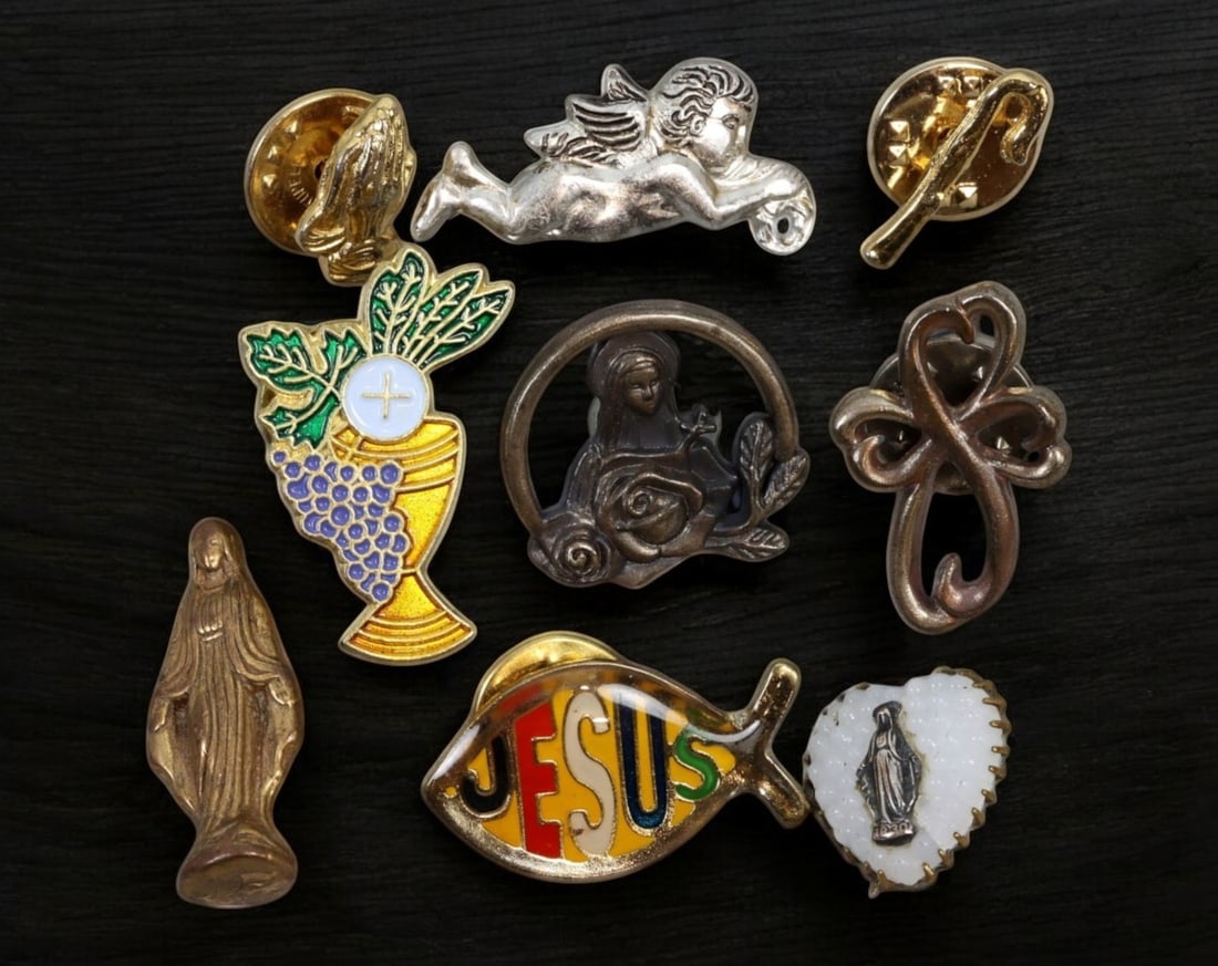 EUROPE/USA: Antique Religious Lapel Pins & Badges - 9pcs, 20g, 1.5-2.5cm, 20th Century (1 of 2)