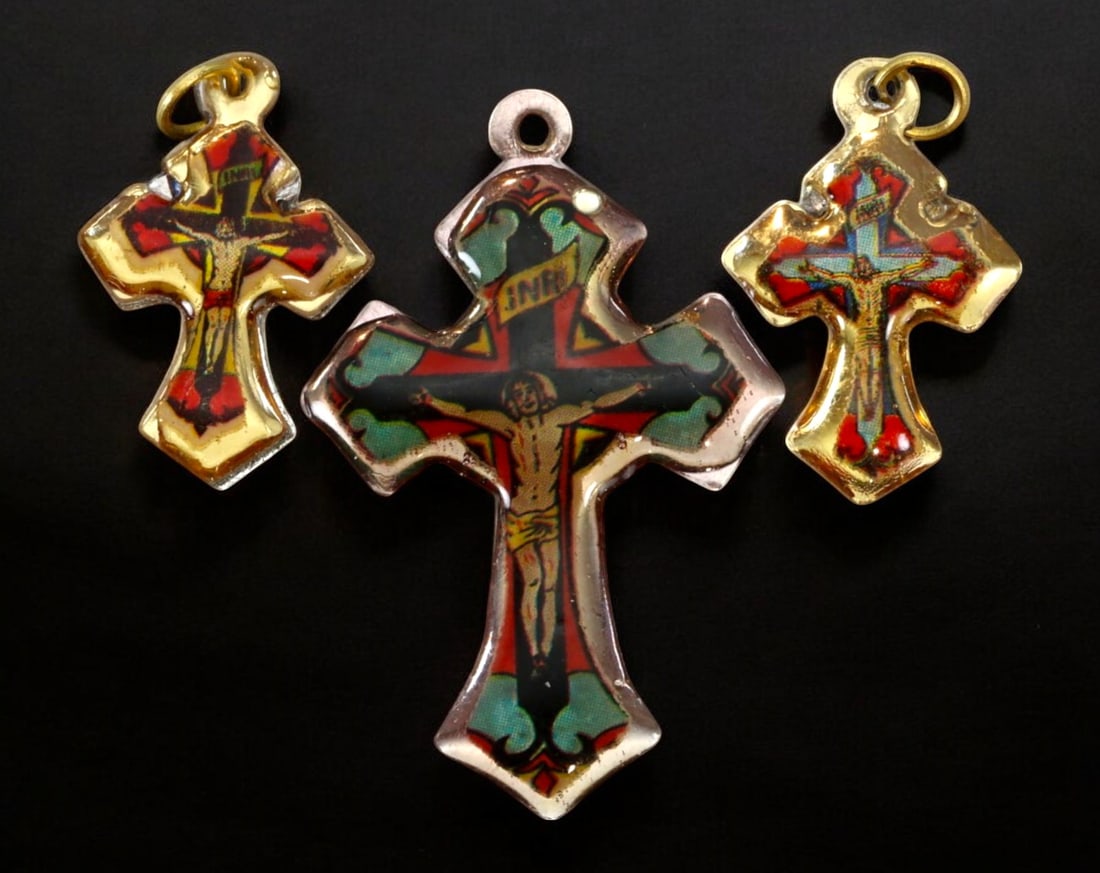 EUROPE: Antique Enameled Crucifix Pendants - 3pcs, 5g, 4x2.5cm, Early 20th Century (1 of 2)