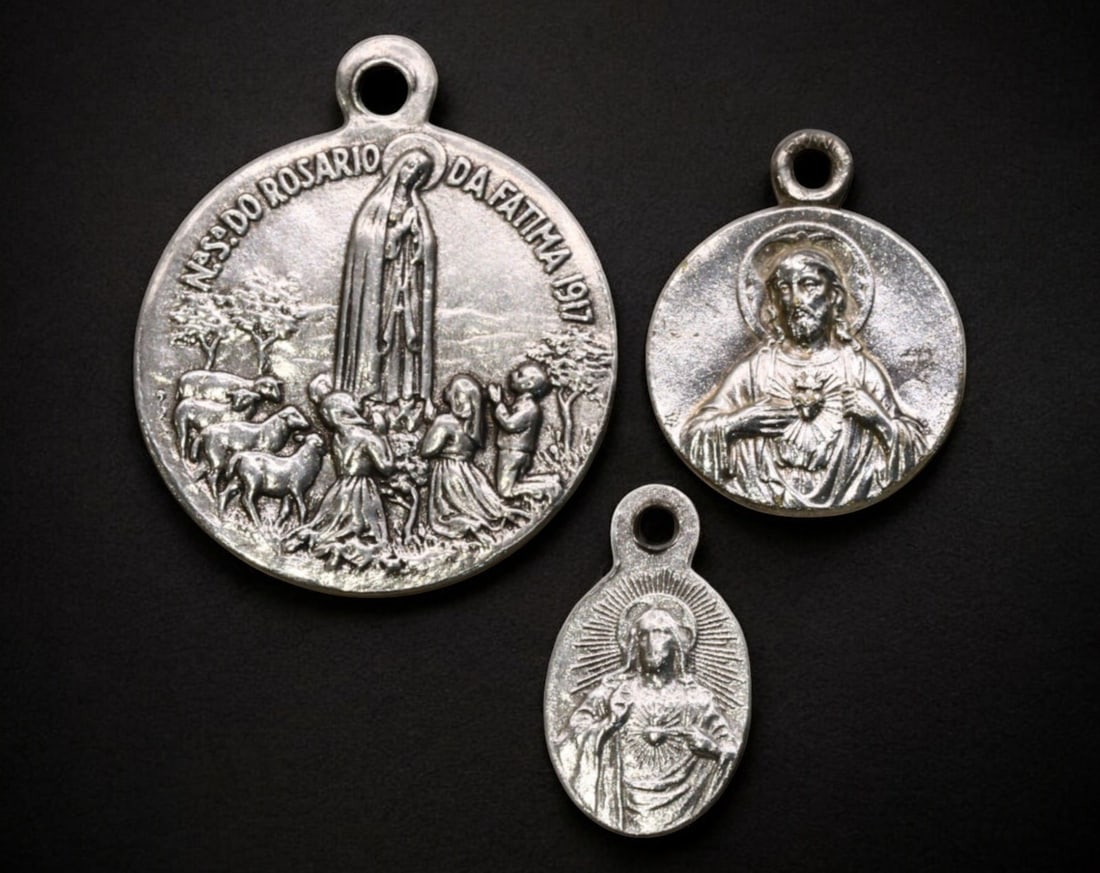 FRANCE: Set of 3 Silver Religious Medals - Our Lady of Fatima, Sacred Heart & Sacre-Coeur Basilica: A beautifully crafted set of three silver devotional medals representing key figures and sacred sites in Christian faith. The first medal honors Our Lady of Fatima, depicting the 1917 Marian apparitio