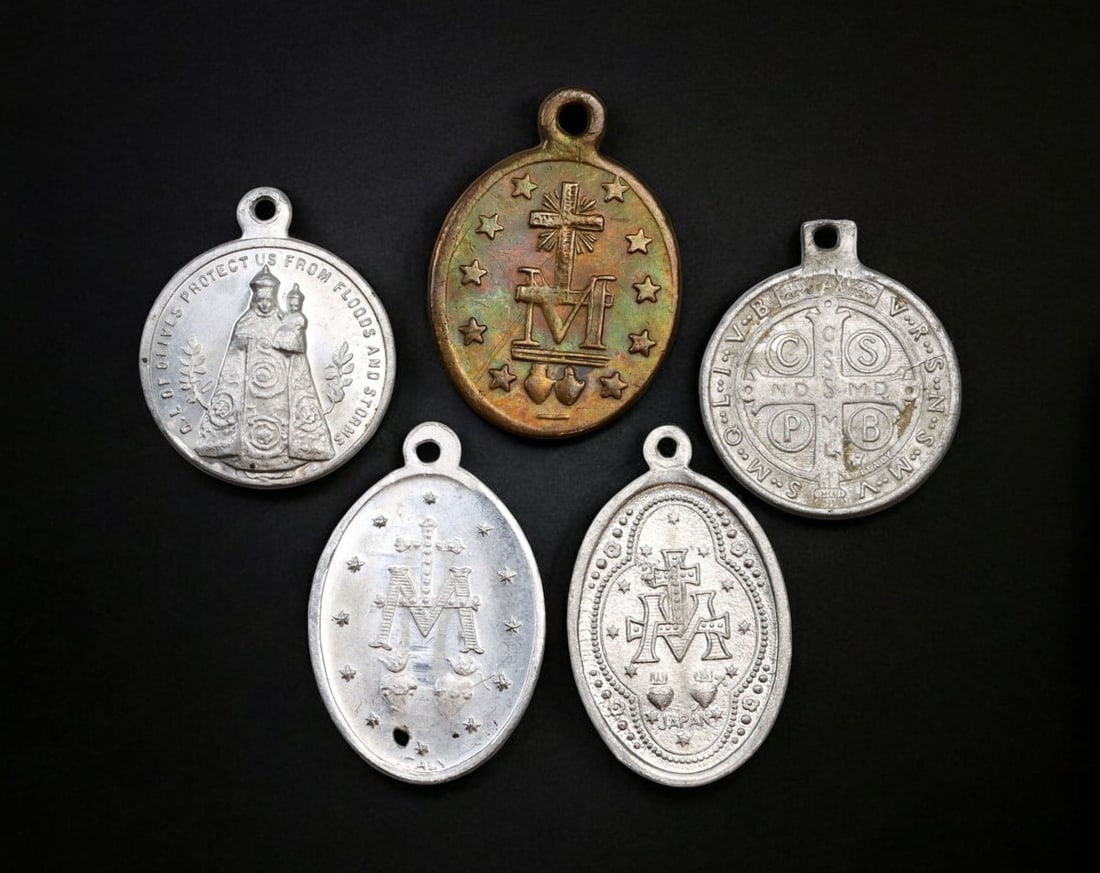MEXICO: Set of 5 Religious Devotional Medals - Aluminum,Silver-Plated Metal Bronze,19th-20th Century: An exquisite collection of five devotional medals, crafted from a mix of aluminum, silver-plated metal, and bronze, measuring 1.5-2 cm and weighing a total of 3.2g. The set features sacred Catholic ic