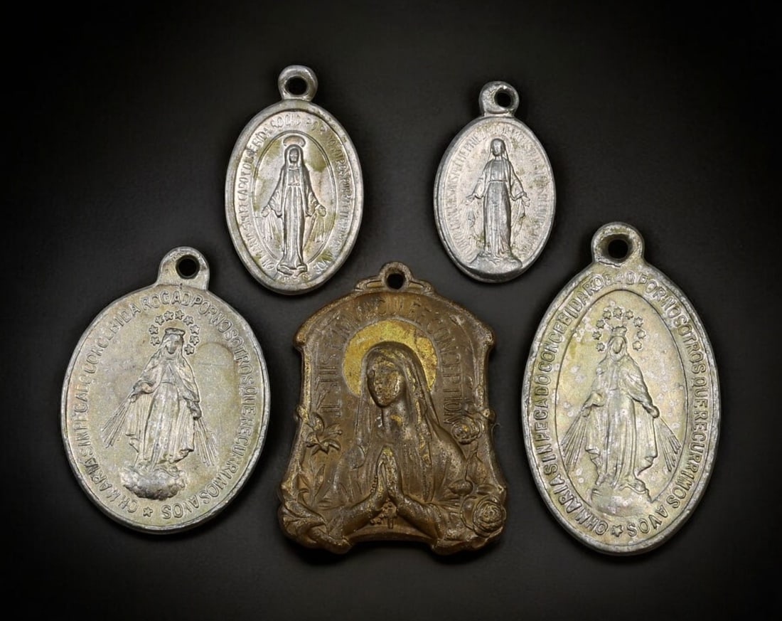 FRANCE: Set of Five Marian Miraculous Medals - Bronze & Aluminum, 19th-20th Century (1 of 2)