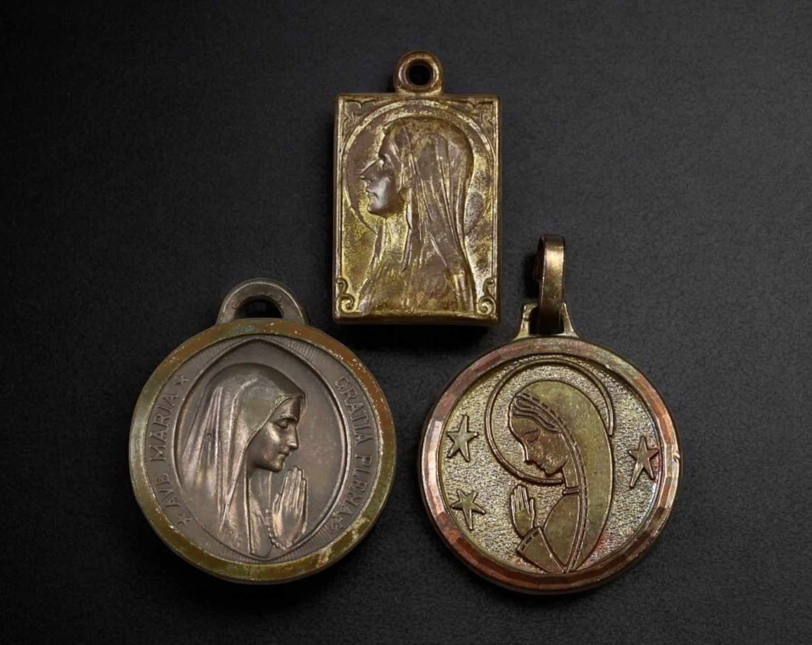 MEXICO: Set of 3 Religious Devotional Medals - Silver-Tone Metal & Gilded Brass, 19th-20th Century (1 of 2)