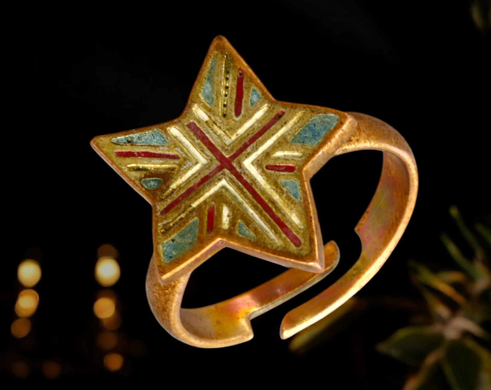 NORTH AFRICA: Berber Star Ring - Gilt Copper Alloy, Enamel Inlay, 20th Century (1 of 4)