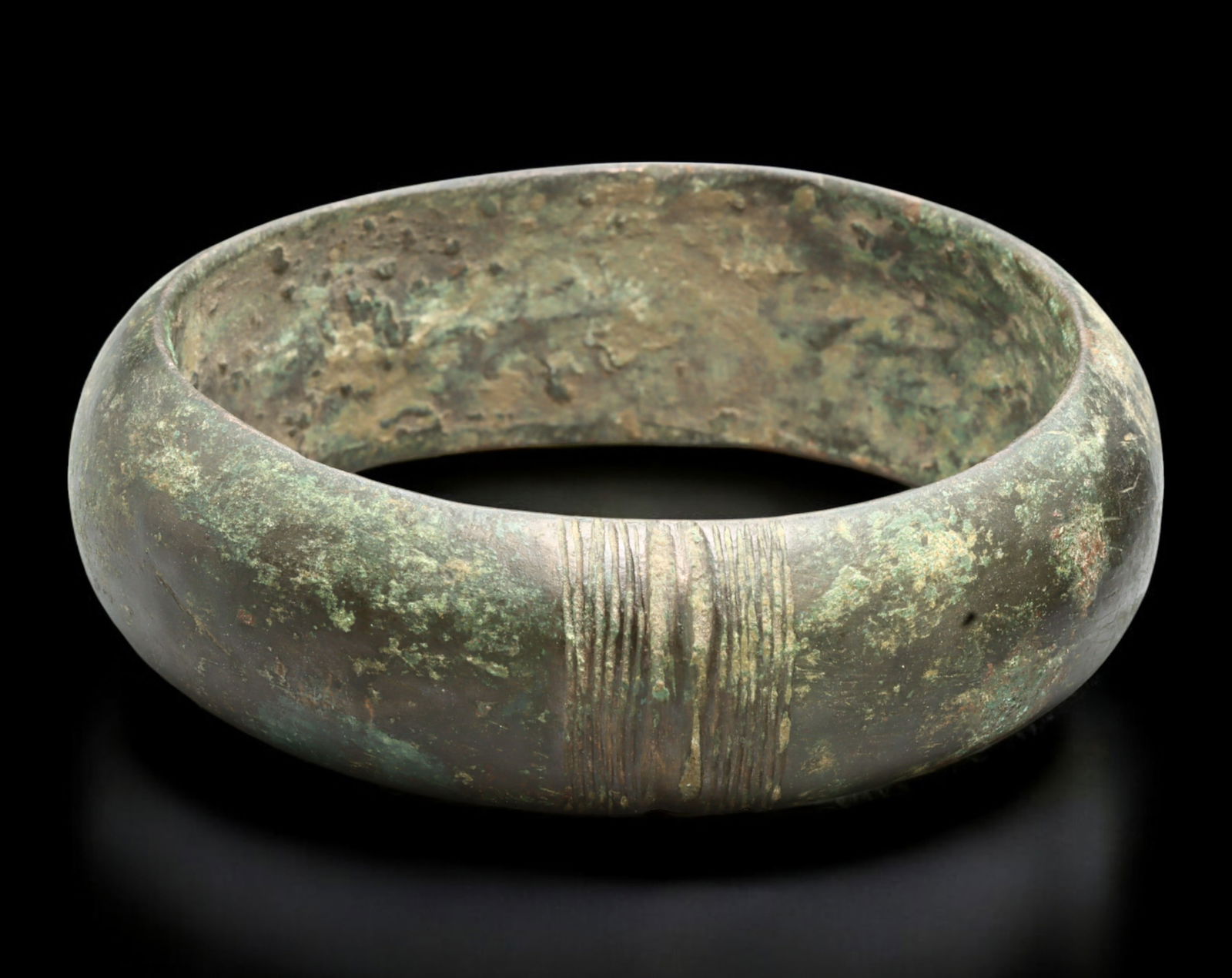 WEST AFRICA: Bronze Currency Bracelet - Broad Domed Band with Central Grooves, 8 cm dia. (1 of 4)