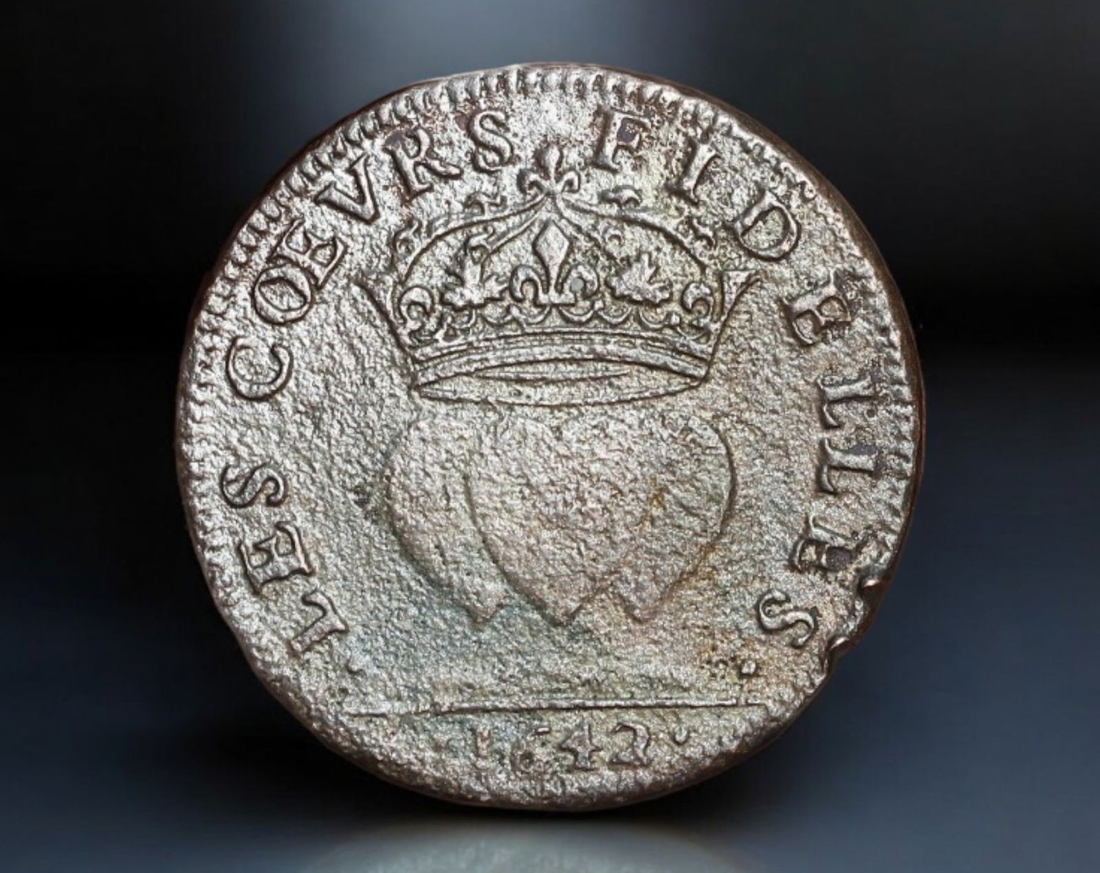 FRANCE: Louis XIII - Copper Jeton Coin, 'Les Coeurs Fidelles,' Alliance Token, 1642 (1 of 2)