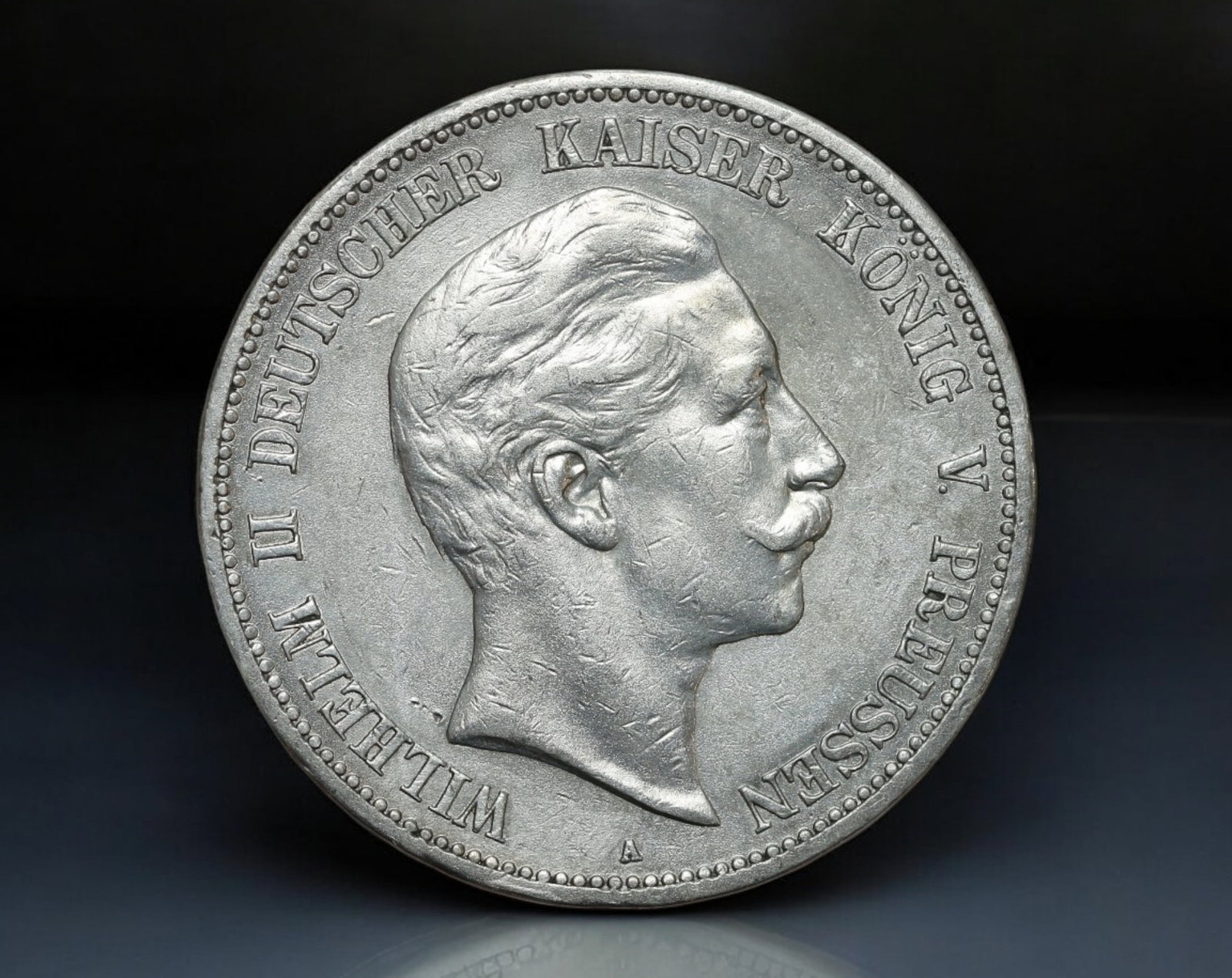 GERMANY/EMPIRE: Wilhelm II of Prussia - Silver 5 Mark Coin, 1908 A Berlin: A commanding example of Imperial German coinage, this 5 Mark silver issue from 1908 features the bold portrait of Wilhelm II, the last Emperor of Germany and King of Prussia. Struck in high relief, th