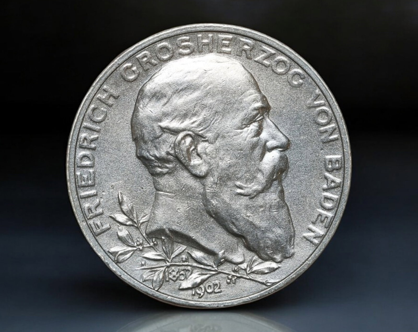 GERMANY/EMPIRE: Friedrich I of Baden - Silver 2 Mark Coin, 50 Years of Rule, 1902 Karlsruhe: Issued to commemorate the 50th anniversary of Friedrich I's rule, this elegant 2 Mark coin honors one of Germany's longest-reigning Grand Dukes. The obverse presents a finely detailed right-facing por