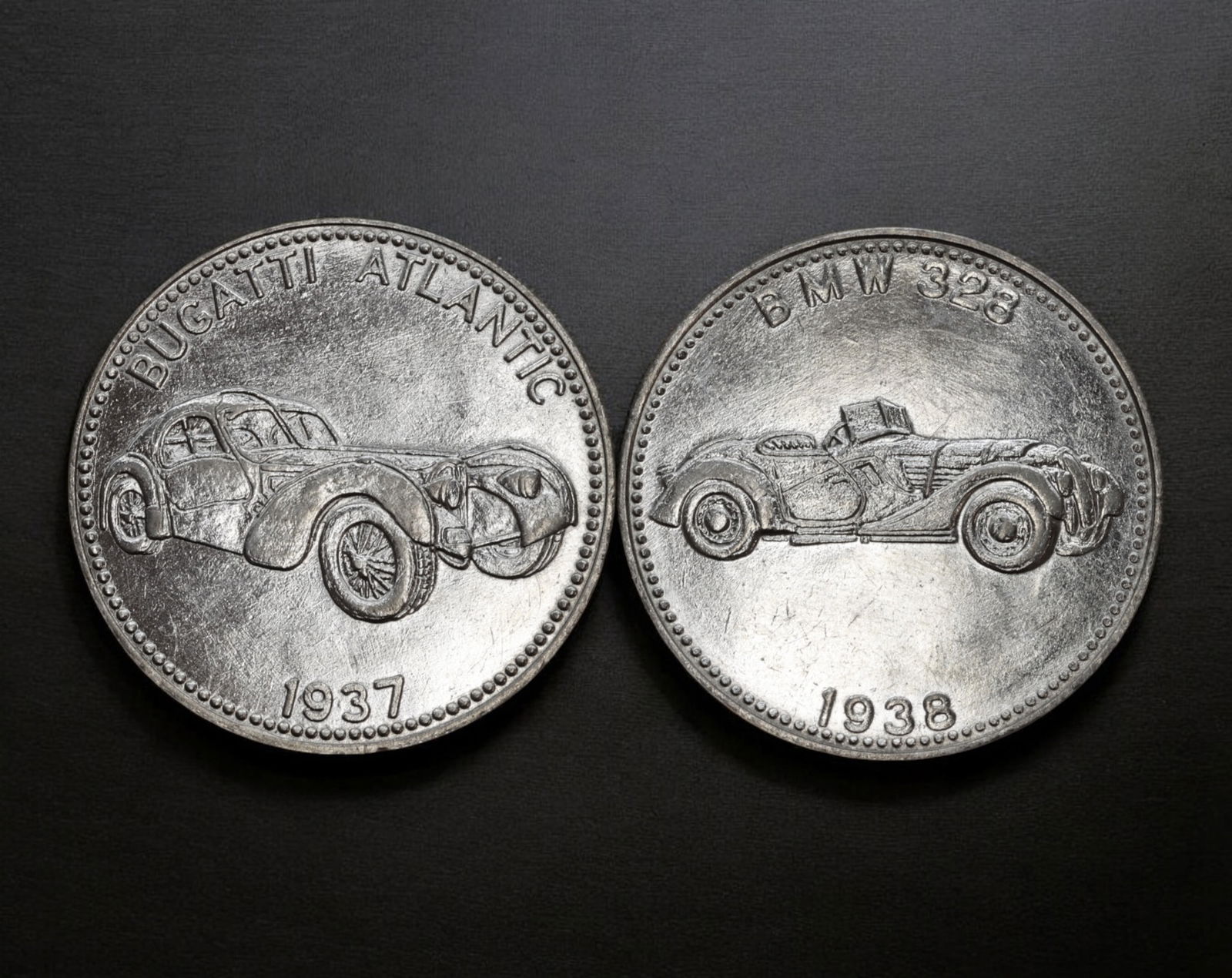 GERMANY: Shell "Weltberuhmte Sportwagen" Series - Aluminum Medals, Bugatti Atlantic 1937 & BMW 328 (1 of 2)