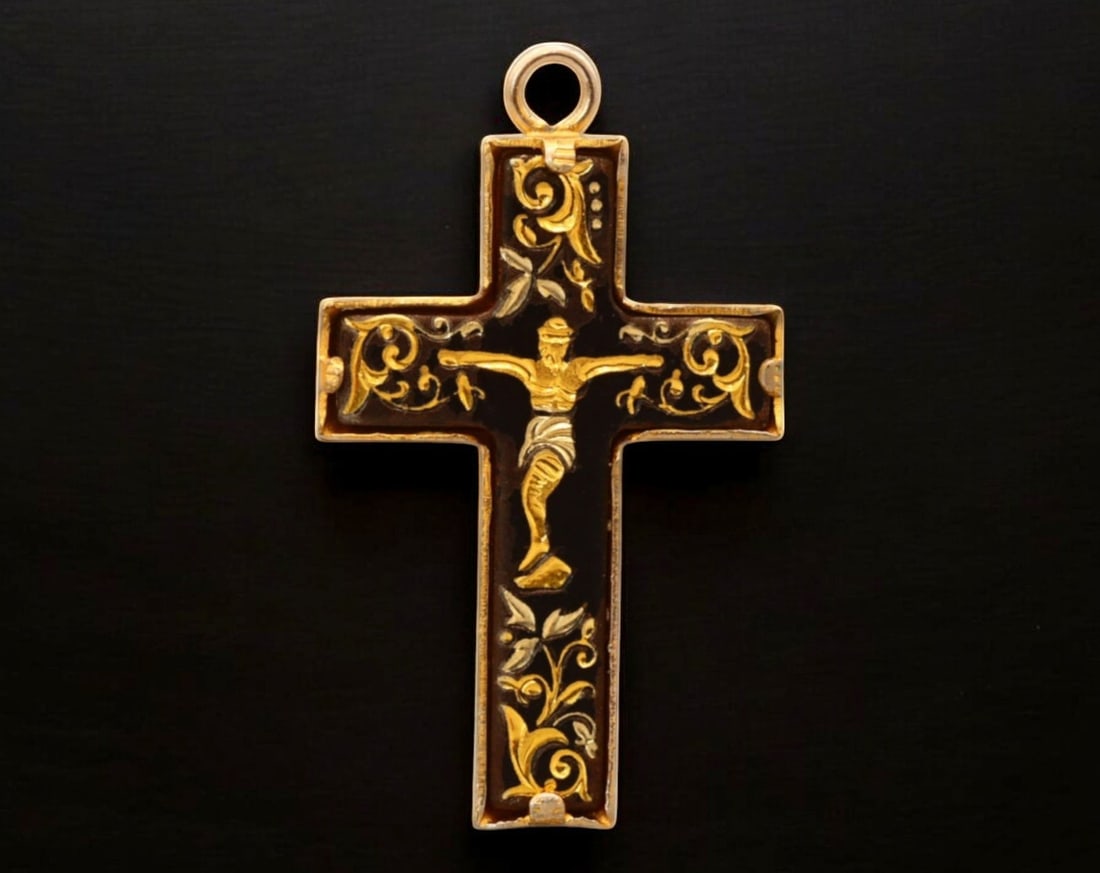 EUROPE: Ornate Gilded Crucifix Pendant - Baroque-Style Devotional Charm, 2.6g, 26x18mm (1 of 2)