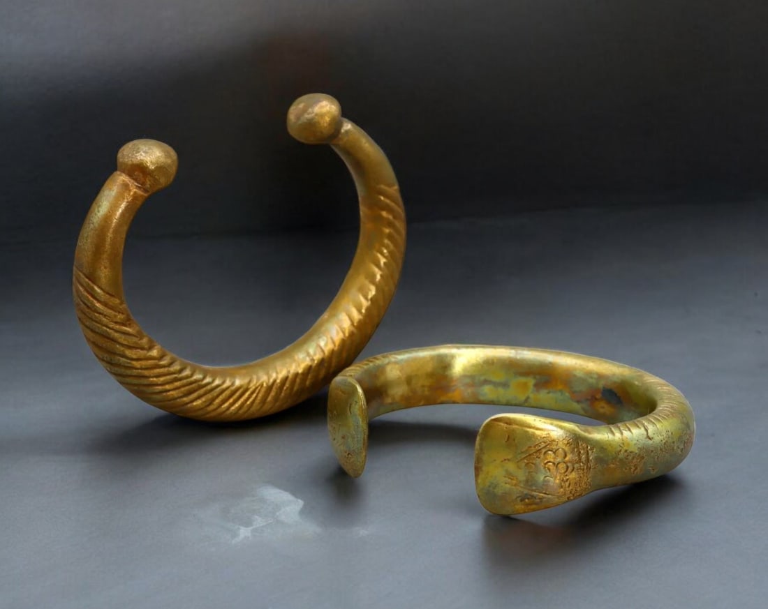 AFRICA: Pair of Bronze Manilla Trade Bracelets - West African Currency, 26407 189 191g, 7cm (1 of 1)