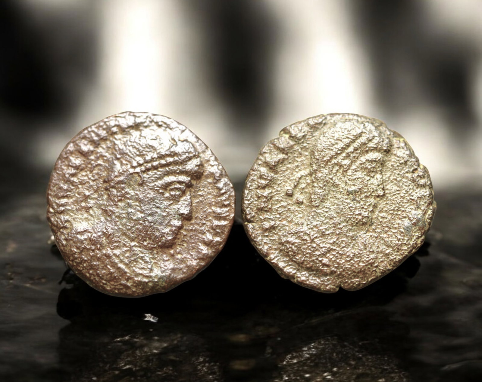 ROMAN EMPIRE: AE Coins - Bronze Issue, 17-18mm, 4.3g, Lot of 2: A lot of bronze coins from the Roman Empire, reflecting the practical monetary fabric of the Imperial economy. These modestly sized bronzes likely span different emperors and issues, underscoring the 