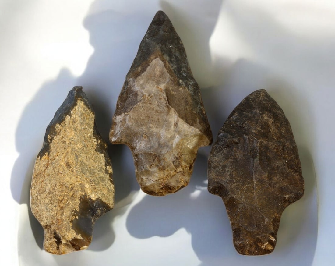 NORTH AMERICA: 3 Prehistoric Native American Flint Projectile Points - Archaic to Woodland Period (1 of 1)